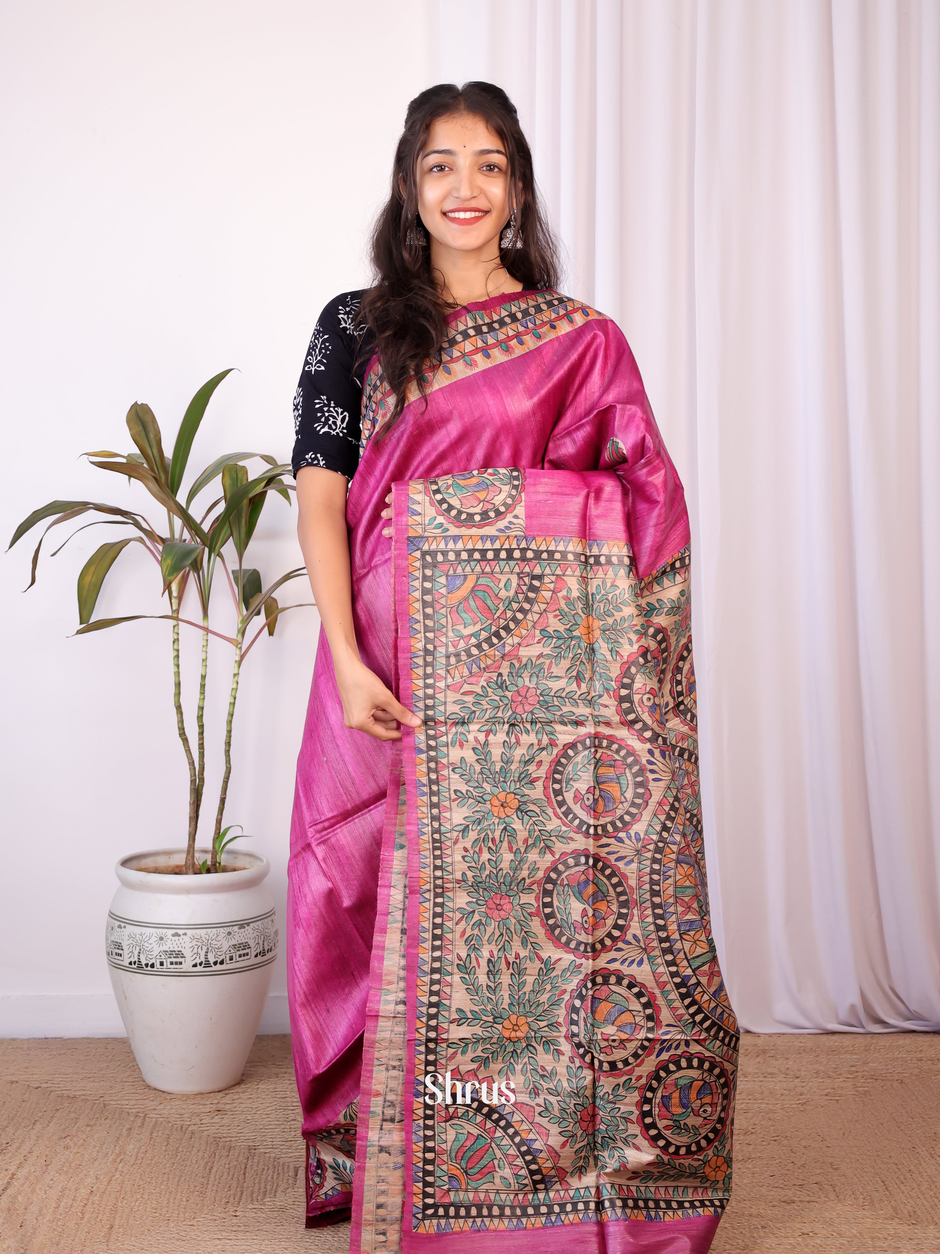 Pink & Cream - Tussar Saree - Shop on Shrus.com