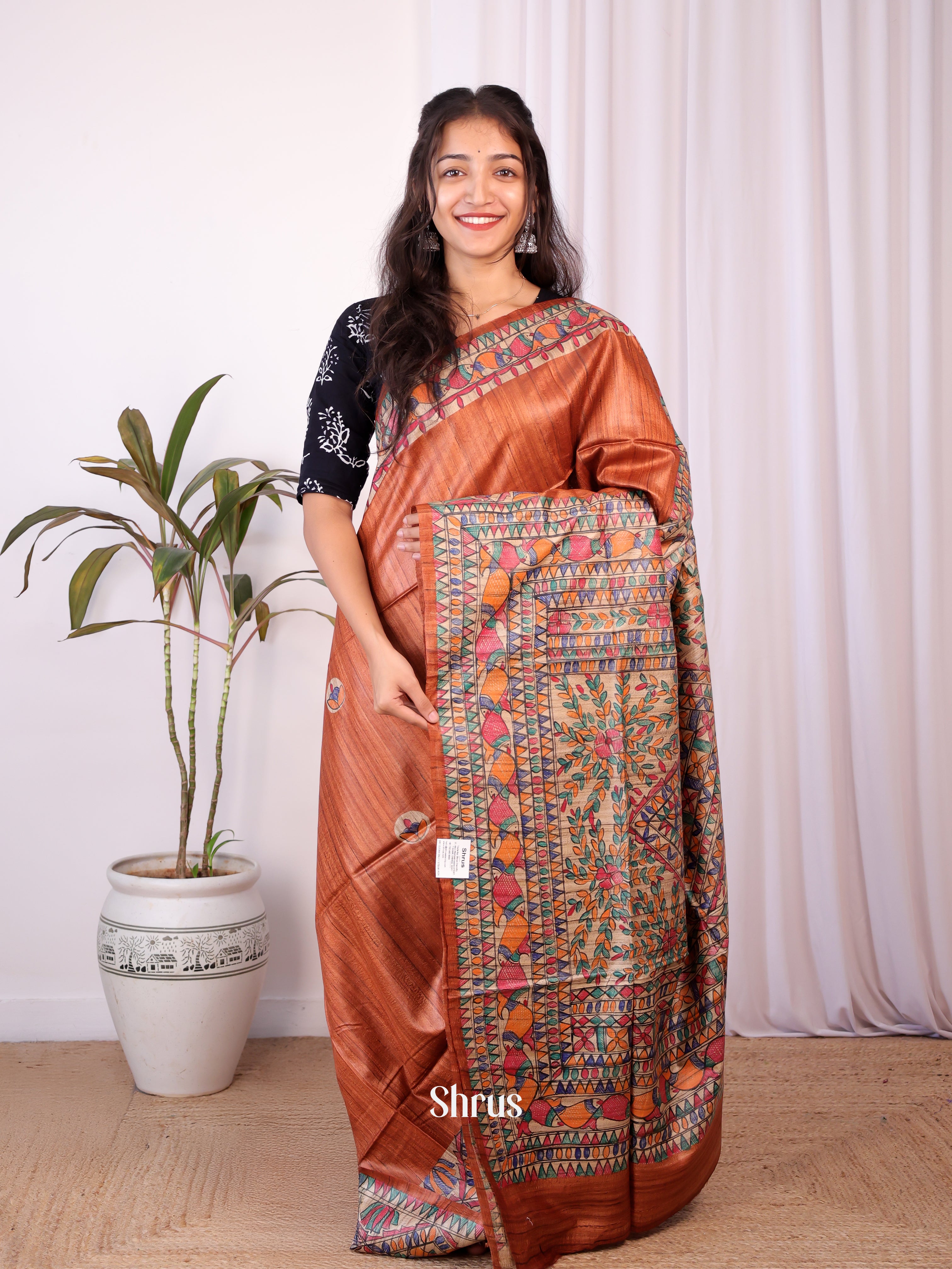 Rust & Beige - Tussar Saree - Shop on Shrus.com