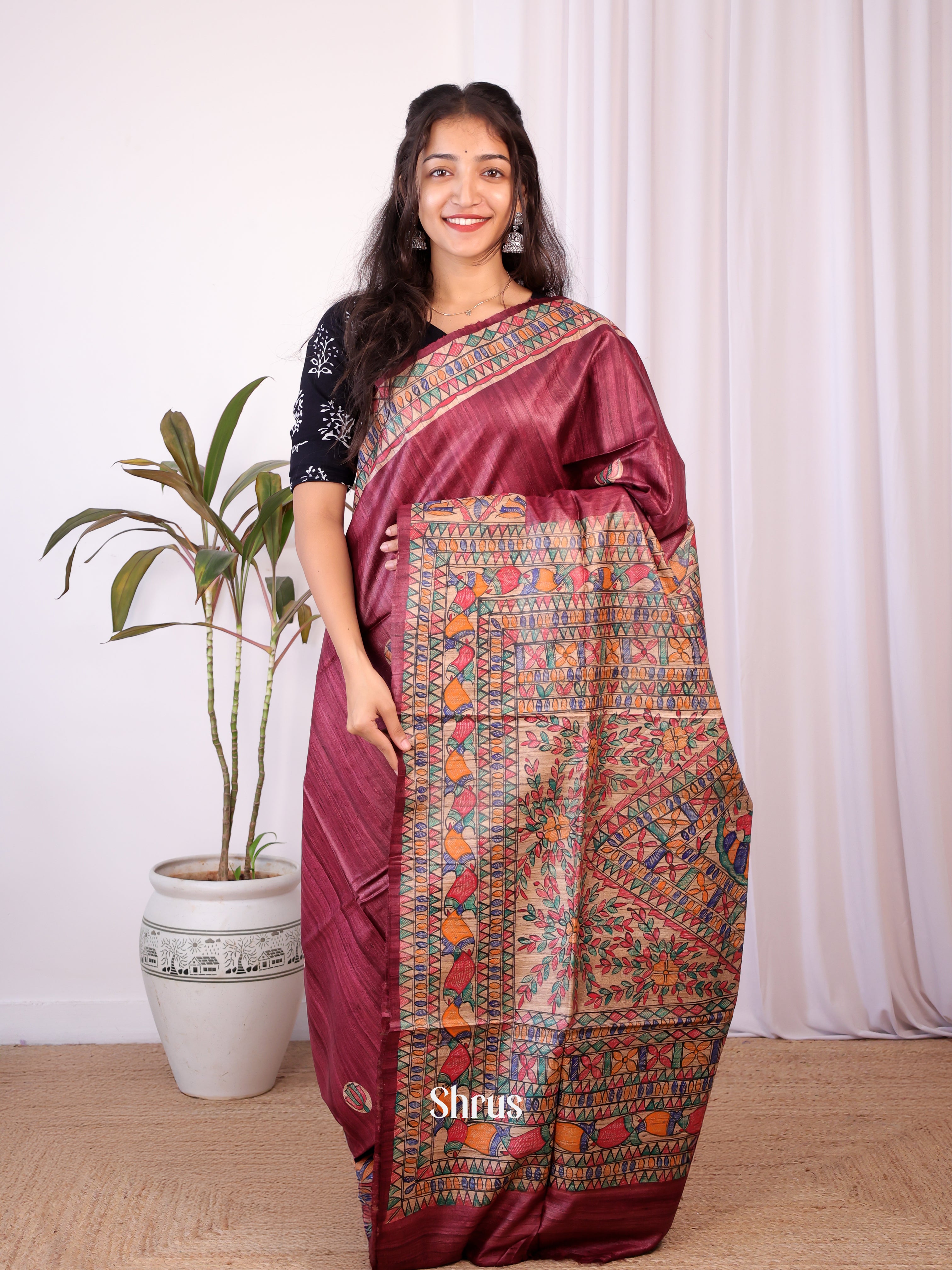 Maroon & Beige - Tussar Saree - Shop on Shrus.com