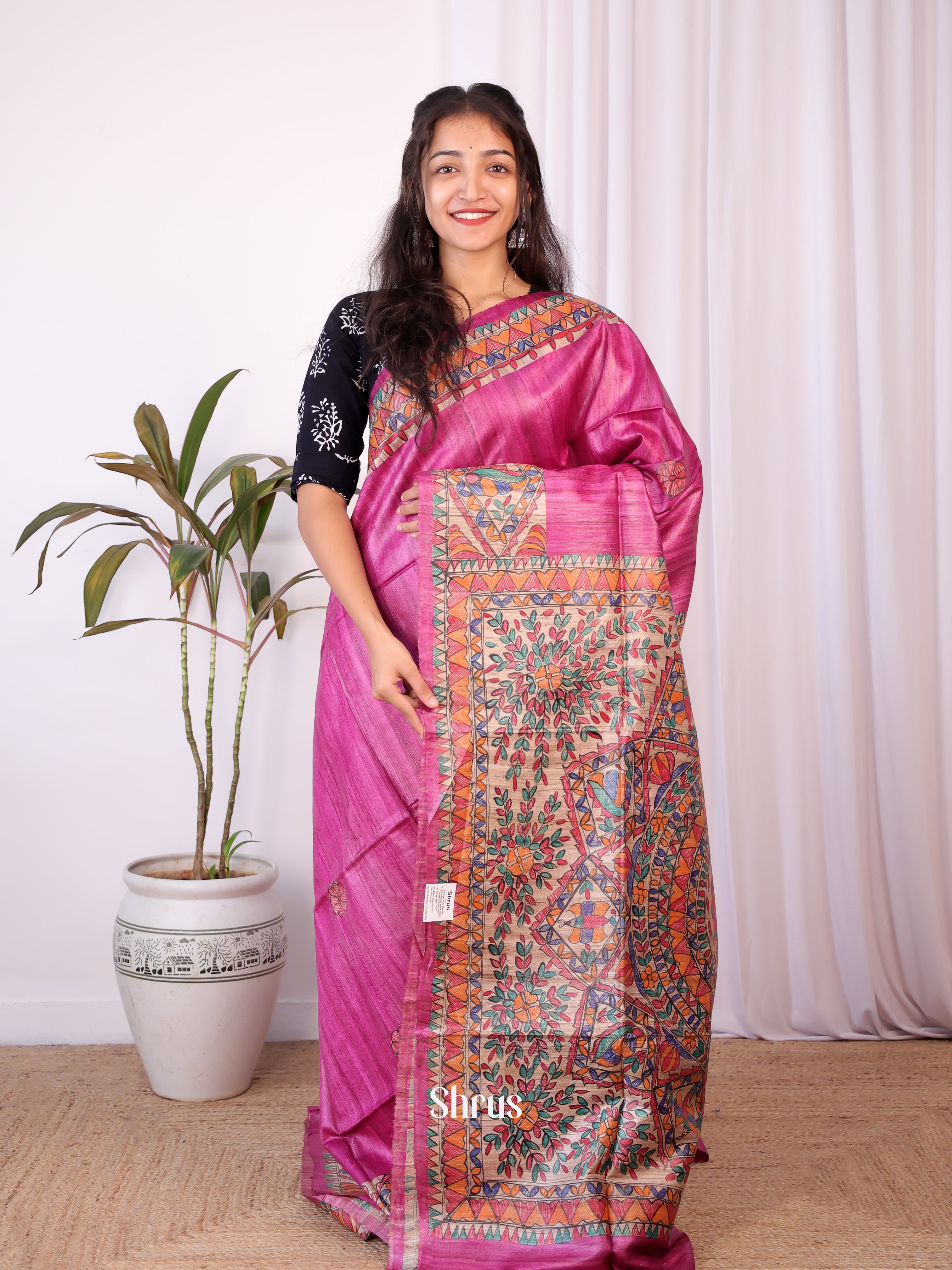 Pink & Beige - Tussar Saree - Shop on Shrus.com