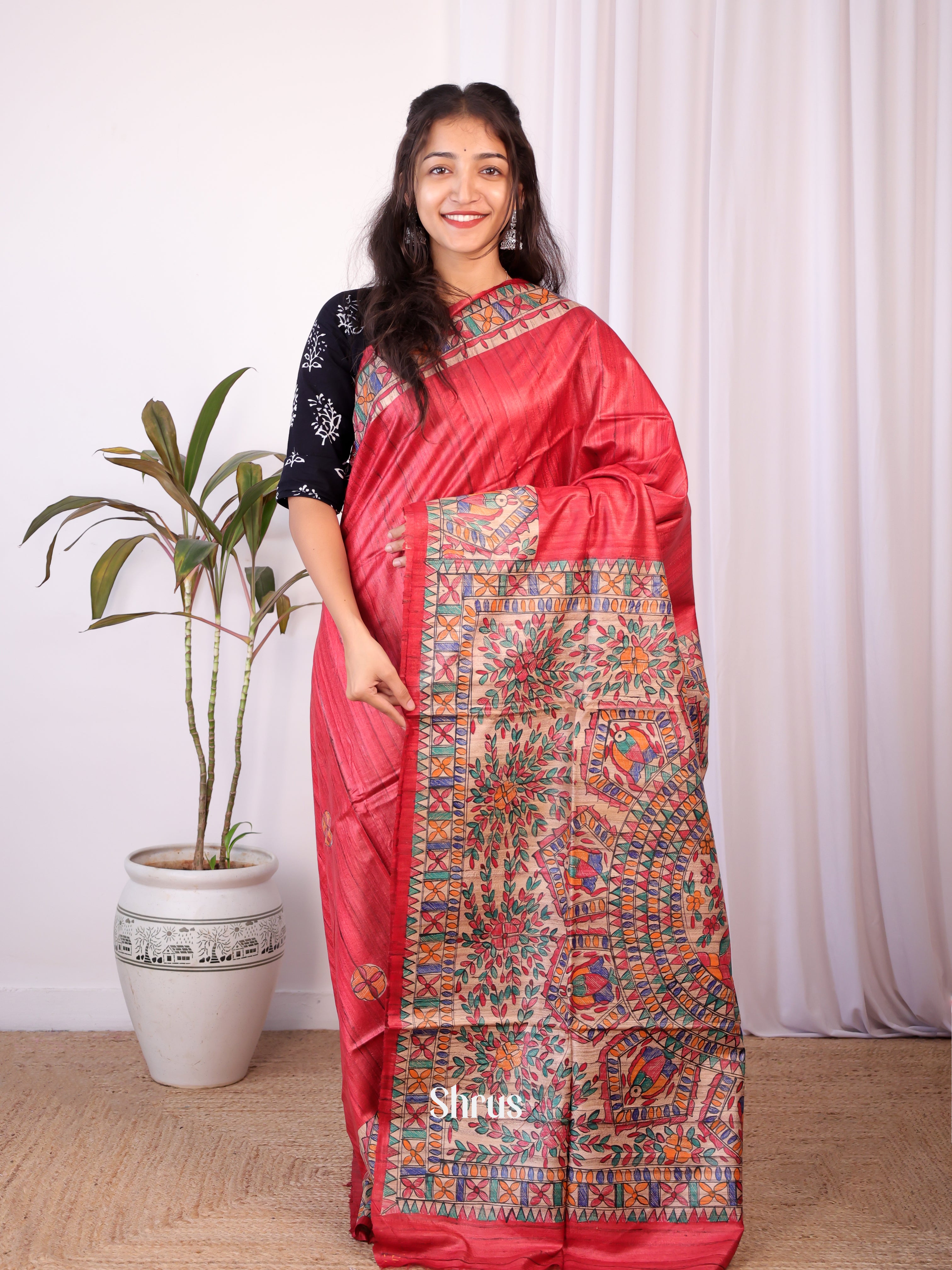 Red & Beige - Tussar Saree - Shop on Shrus.com
