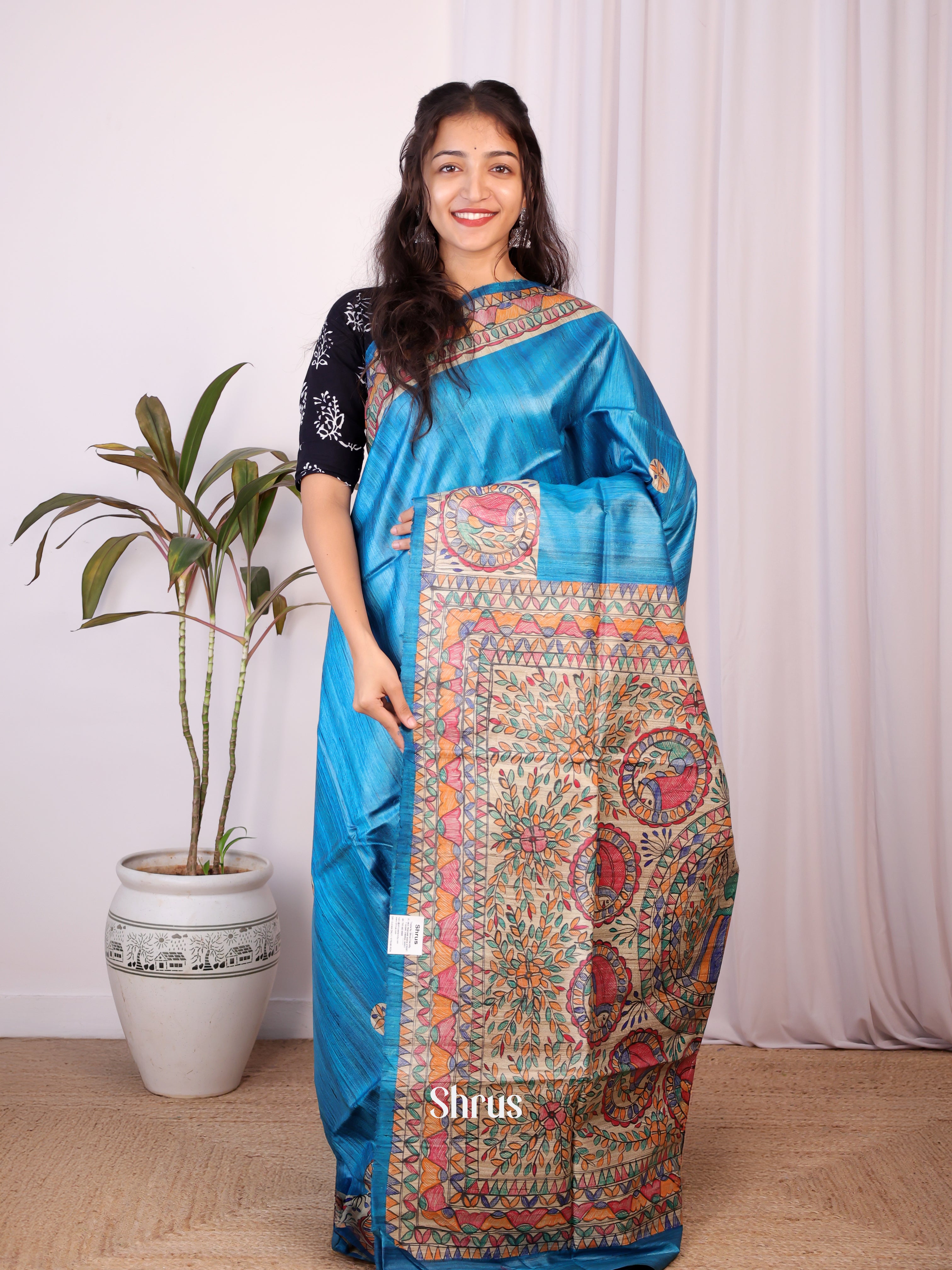 Blue & Beige- Tussar Saree - Shop on Shrus.com