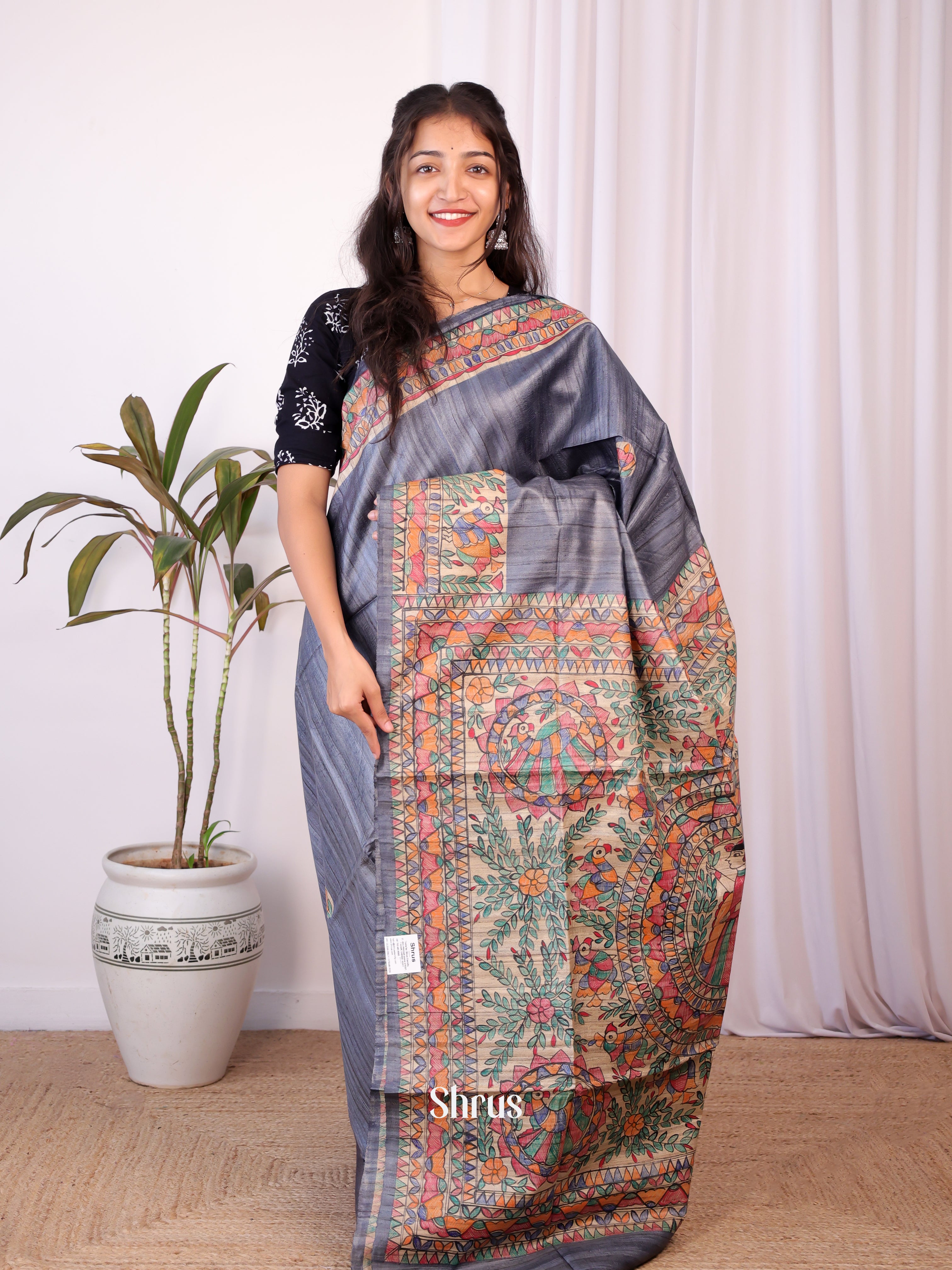 Grey & Beige - Tussar Saree - Shop on Shrus.com