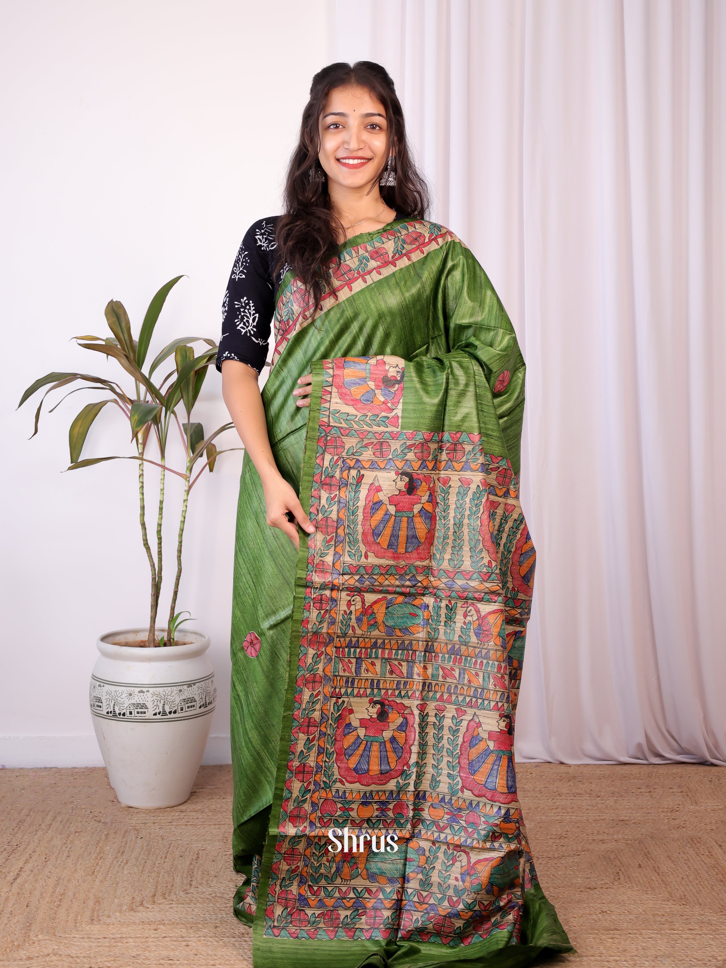 Green & Beige - Tussar Saree - Shop on Shrus.com