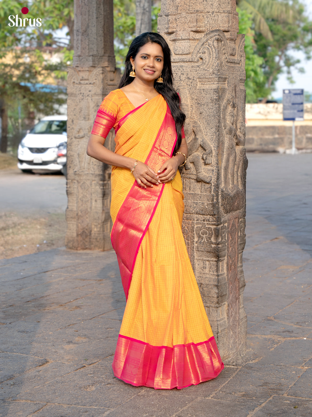 Golden Yellow Chettinad Cotton Saree with Traditional Red Zari Border - Shop on Shrus.com