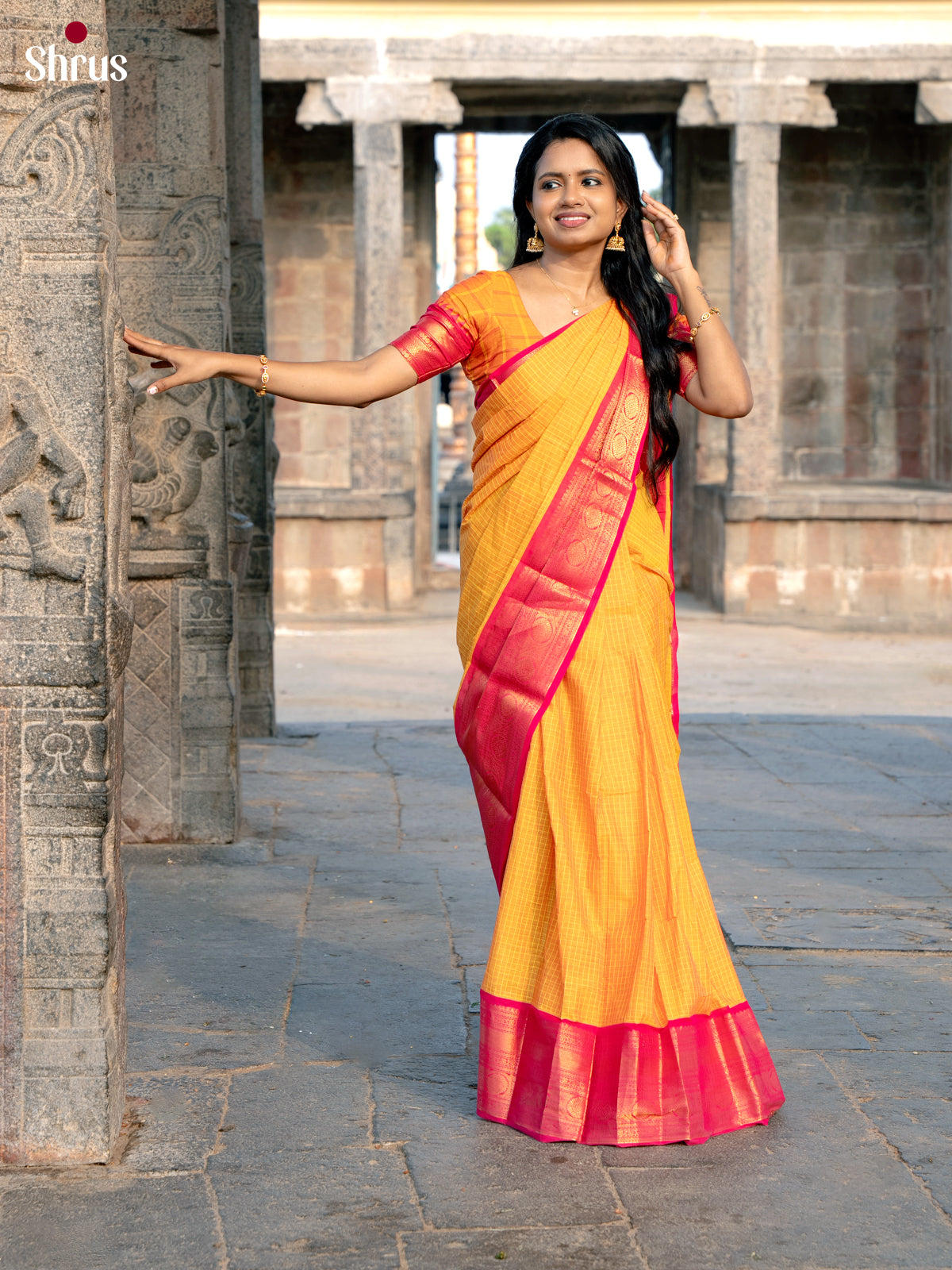 Golden Yellow Chettinad Cotton Saree with Traditional Red Zari Border - Shop on Shrus.com