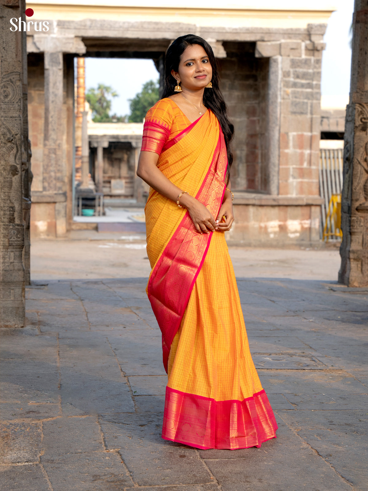 Golden Yellow Chettinad Cotton Saree with Traditional Red Zari Border - Shop on Shrus.com