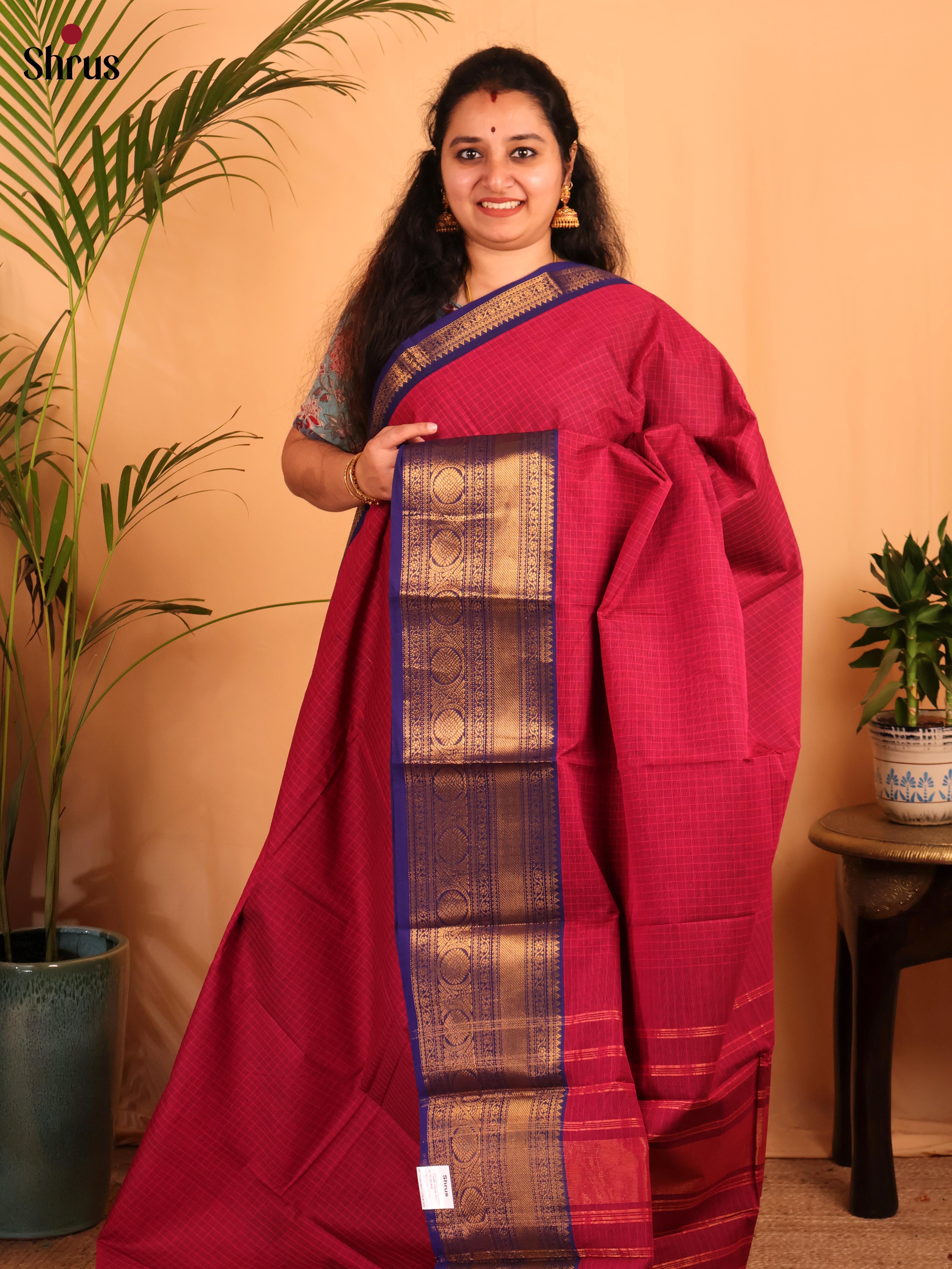 Maroon & Blue - Chettinad Cotton Saree - Shop on Shrus.com