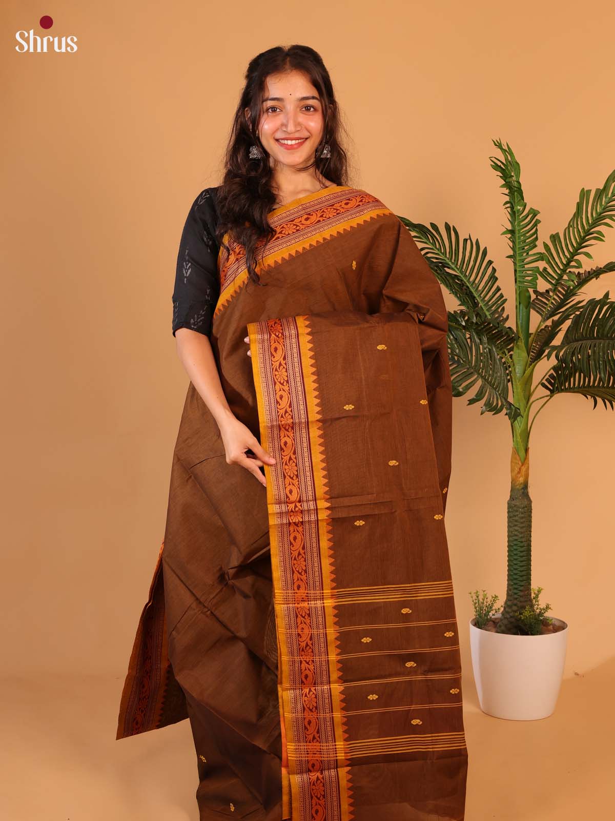 Brown & Mustard - Chettinad Cotton Saree - Shop on Shrus.com