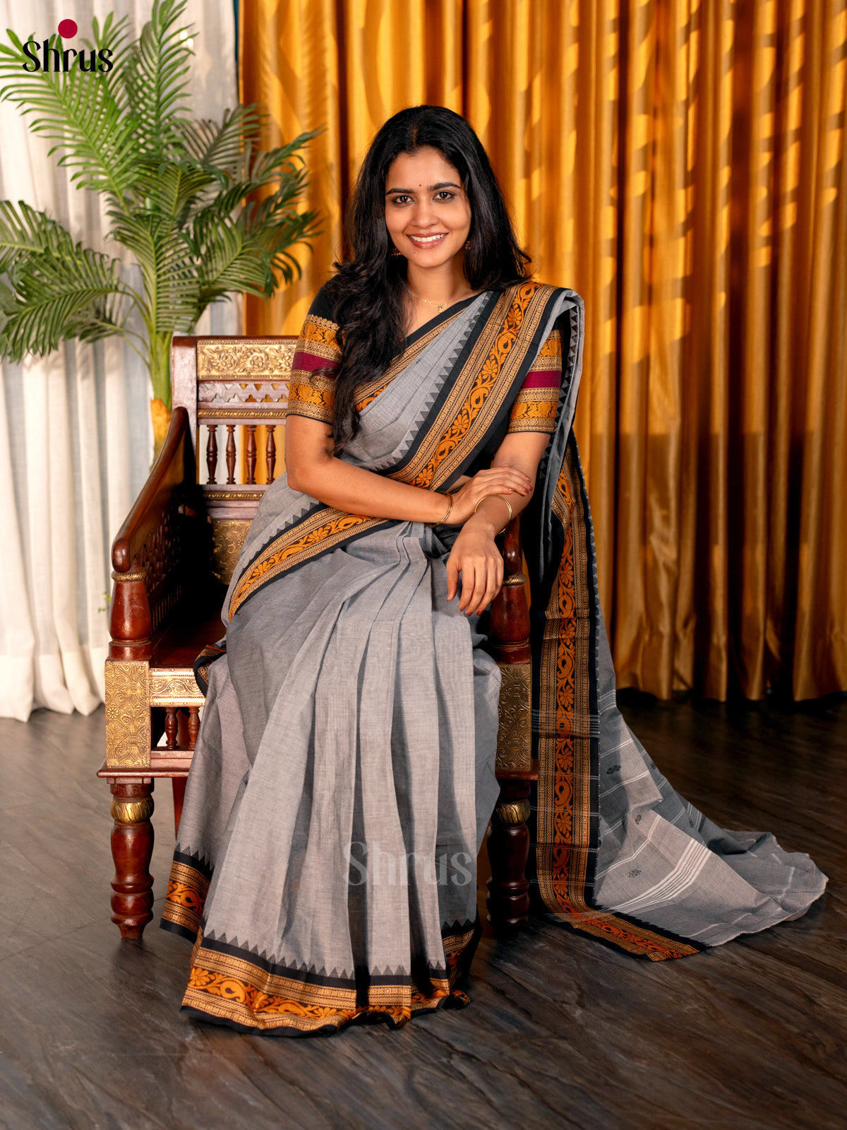 Grey & Black - Chettinad Cotton Saree - Shop on Shrus.com
