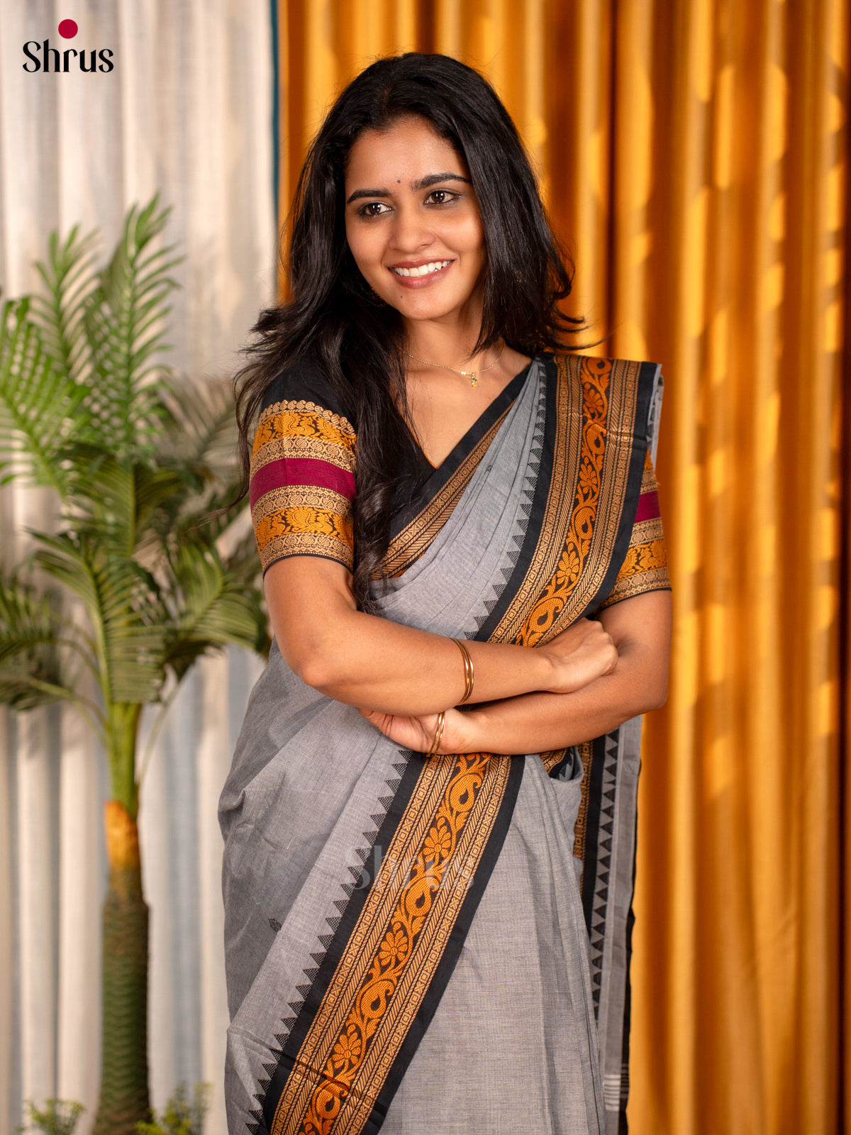 Grey & Black - Chettinad Cotton Saree - Shop on Shrus.com
