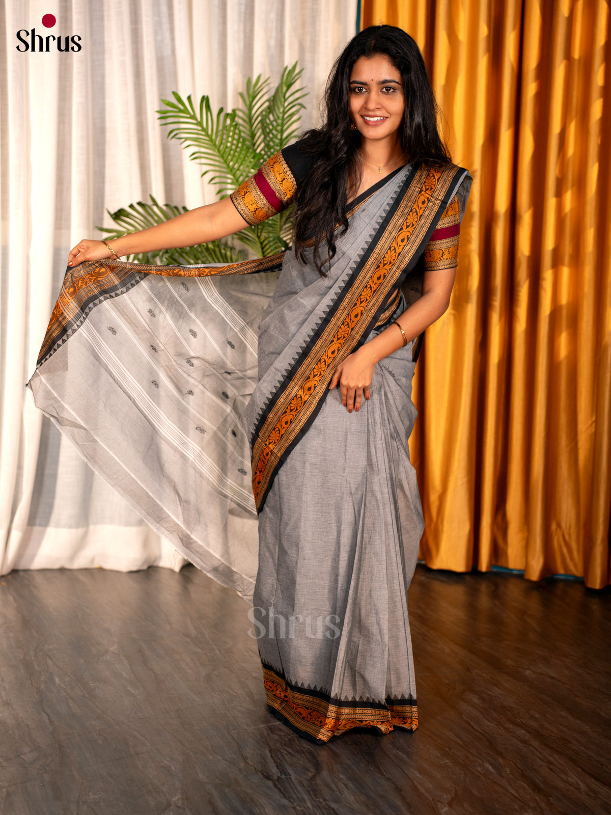 Grey & Black - Chettinad Cotton Saree - Shop on Shrus.com