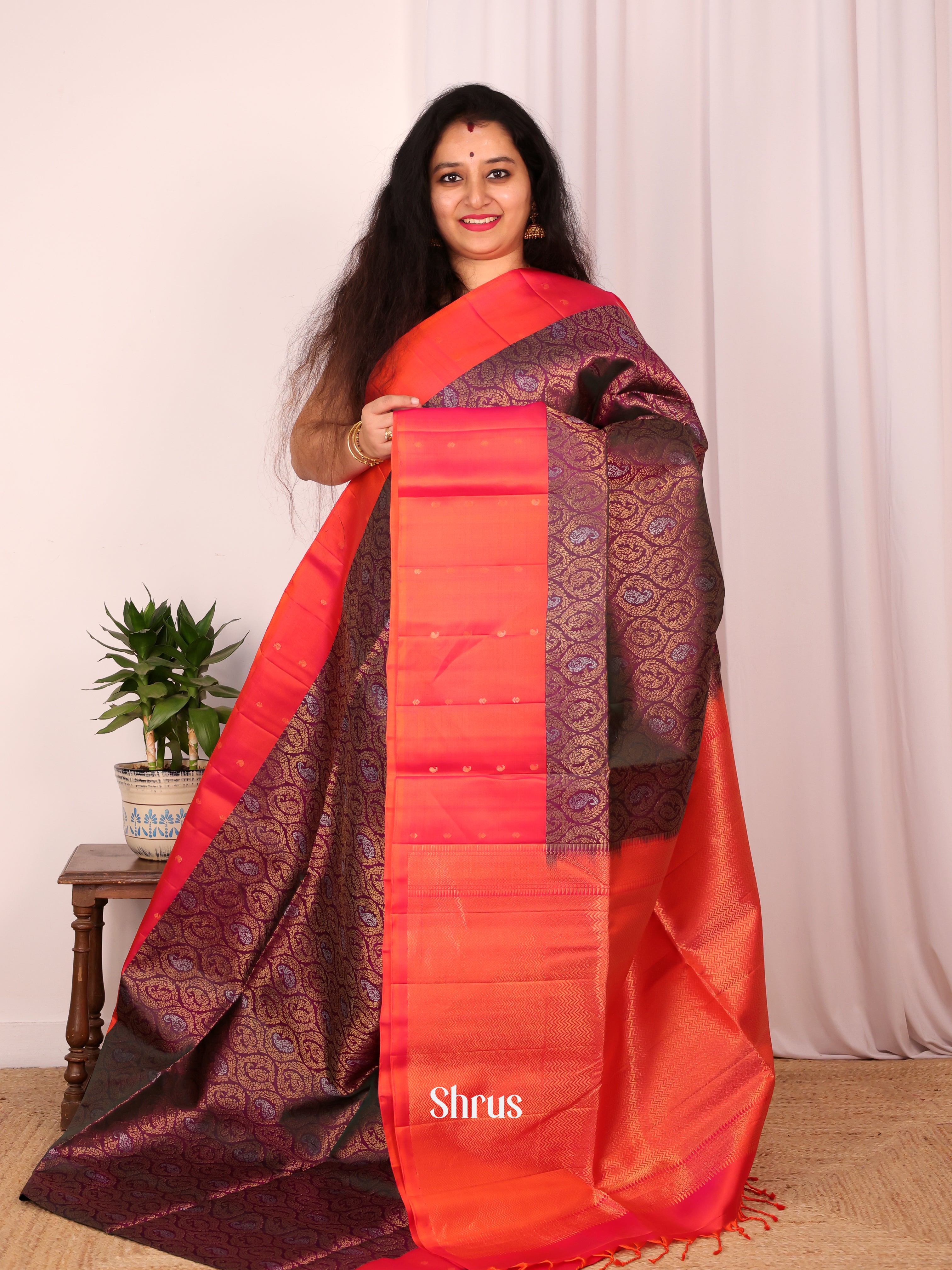 Wine & Orangish Pink- Soft Silk Saree - Shop on Shrus.com