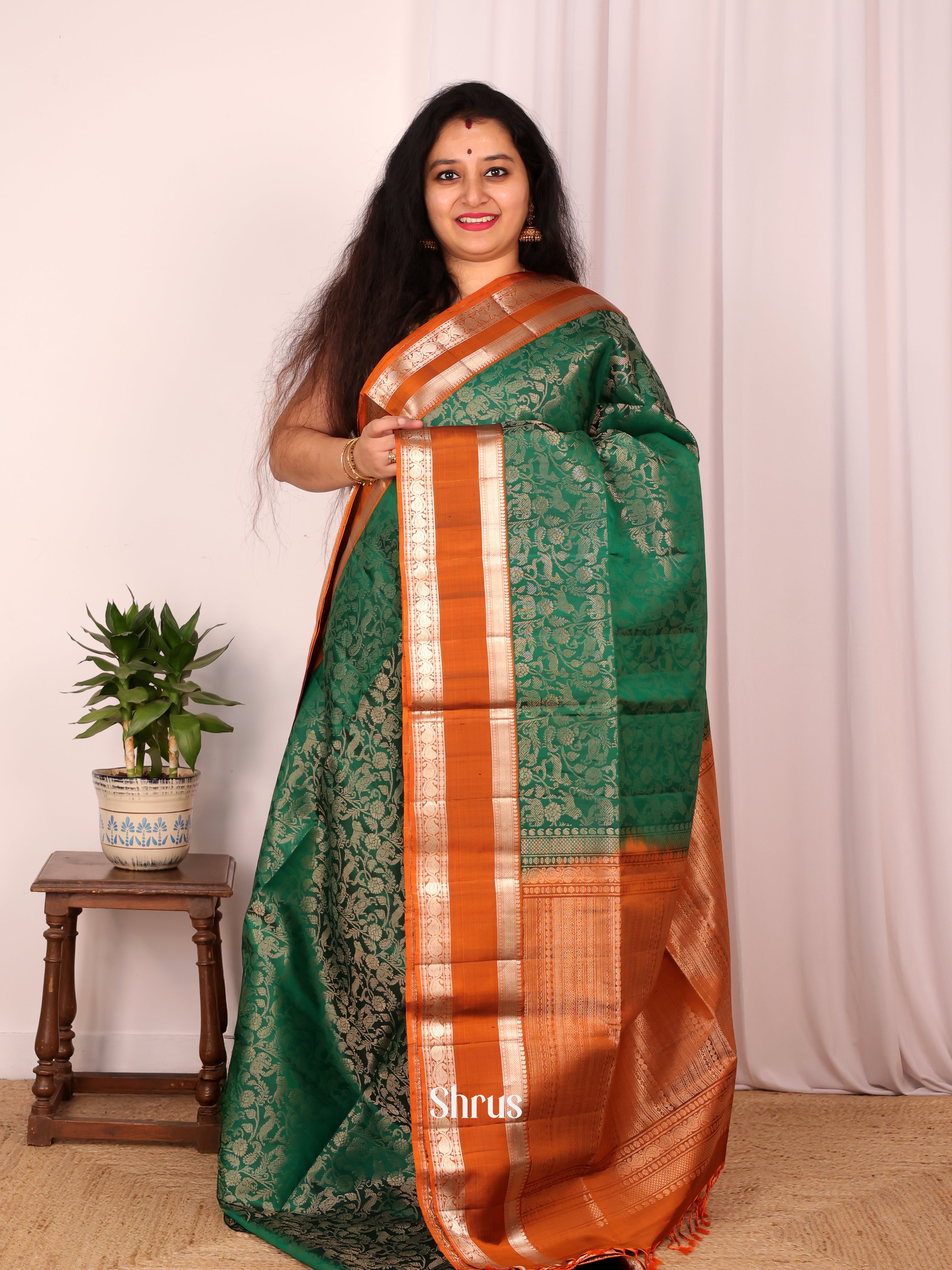 Green & brick - Soft Silk Saree - Shop on Shrus.com