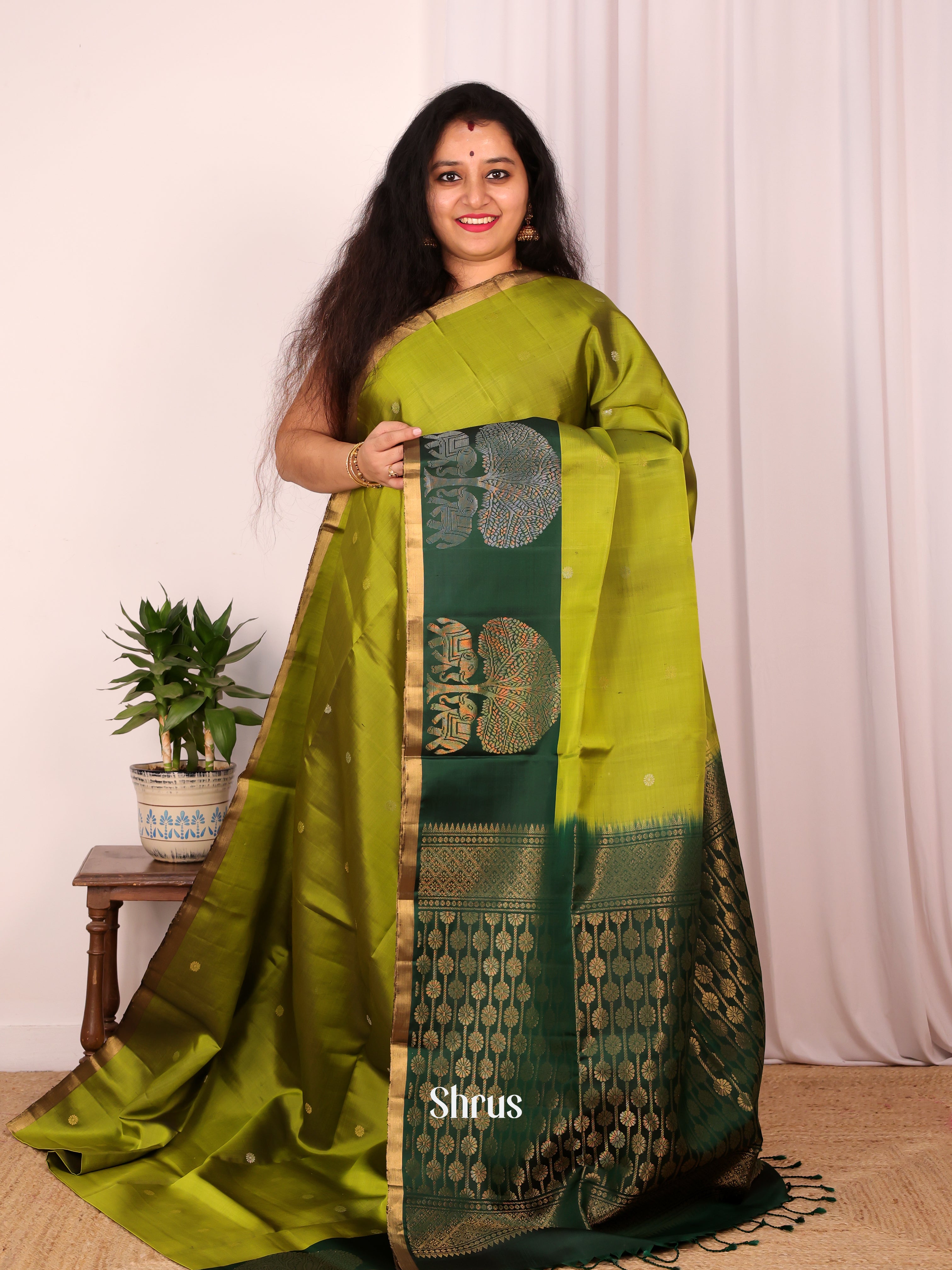 Leaf Green & Green - Soft Silk Saree - Shop on Shrus.com