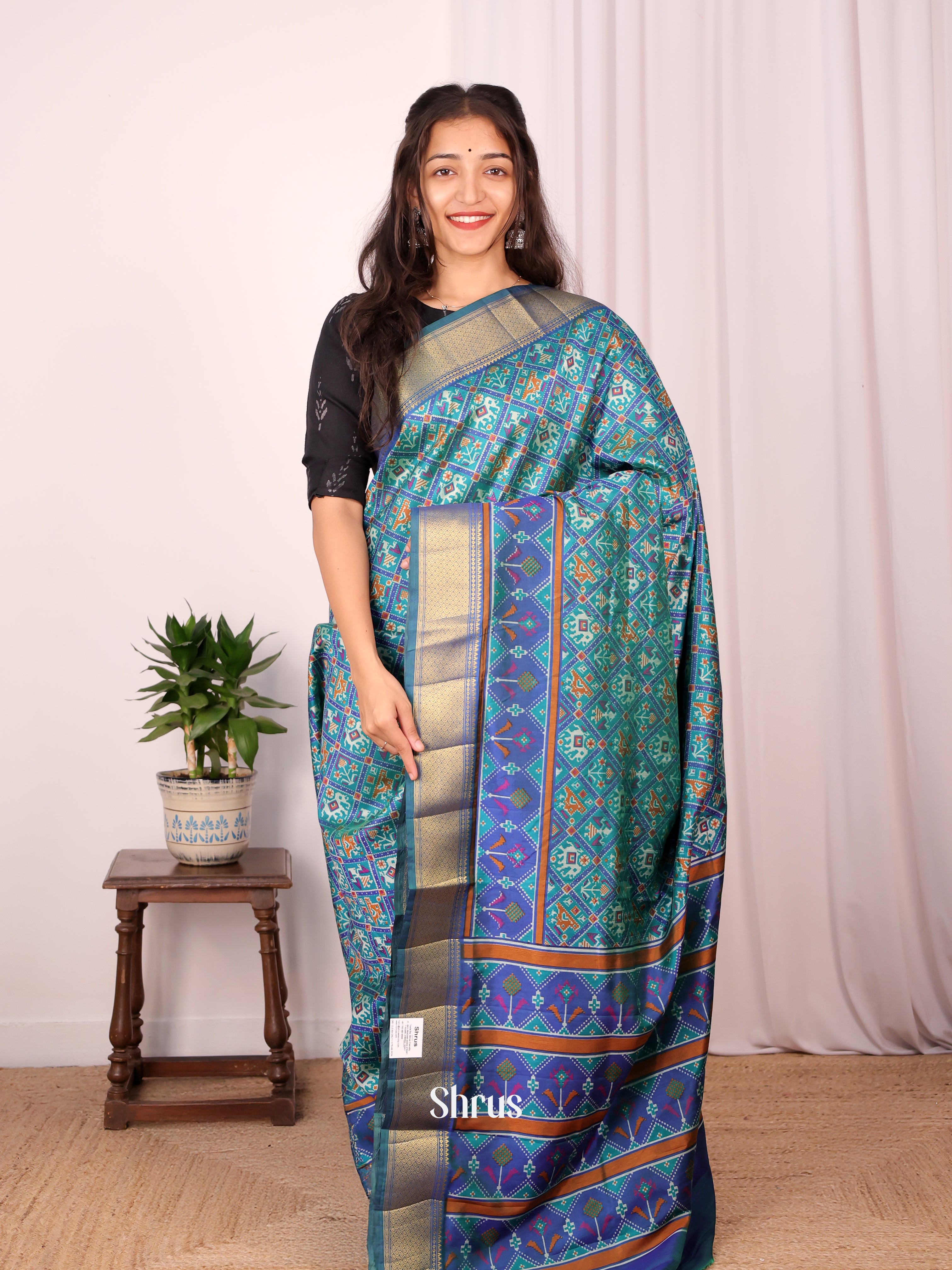 Green & Blue- Semi Patola Saree - Shop on Shrus.com