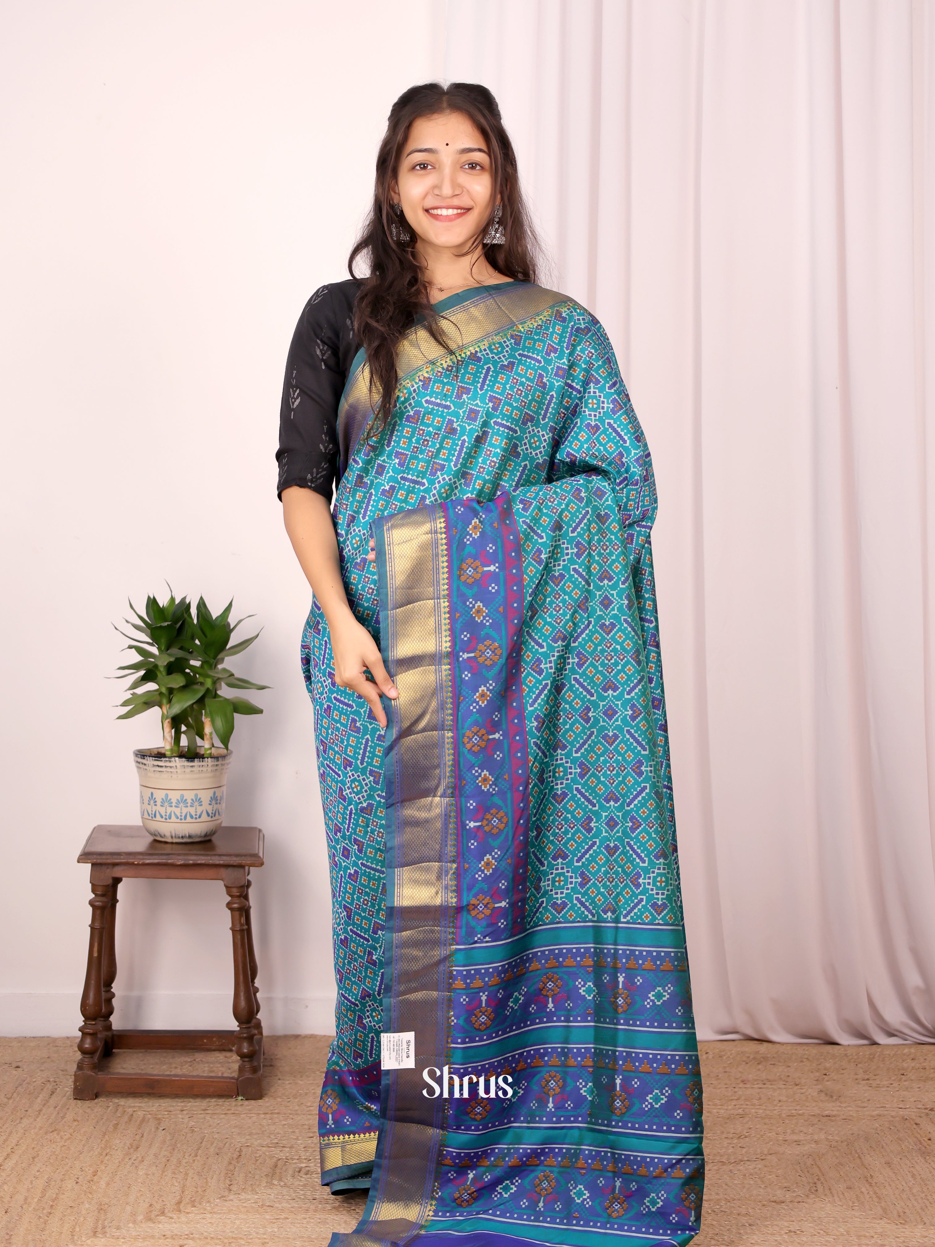 Teal & Blue - Semi Patola Saree - Shop on Shrus.com