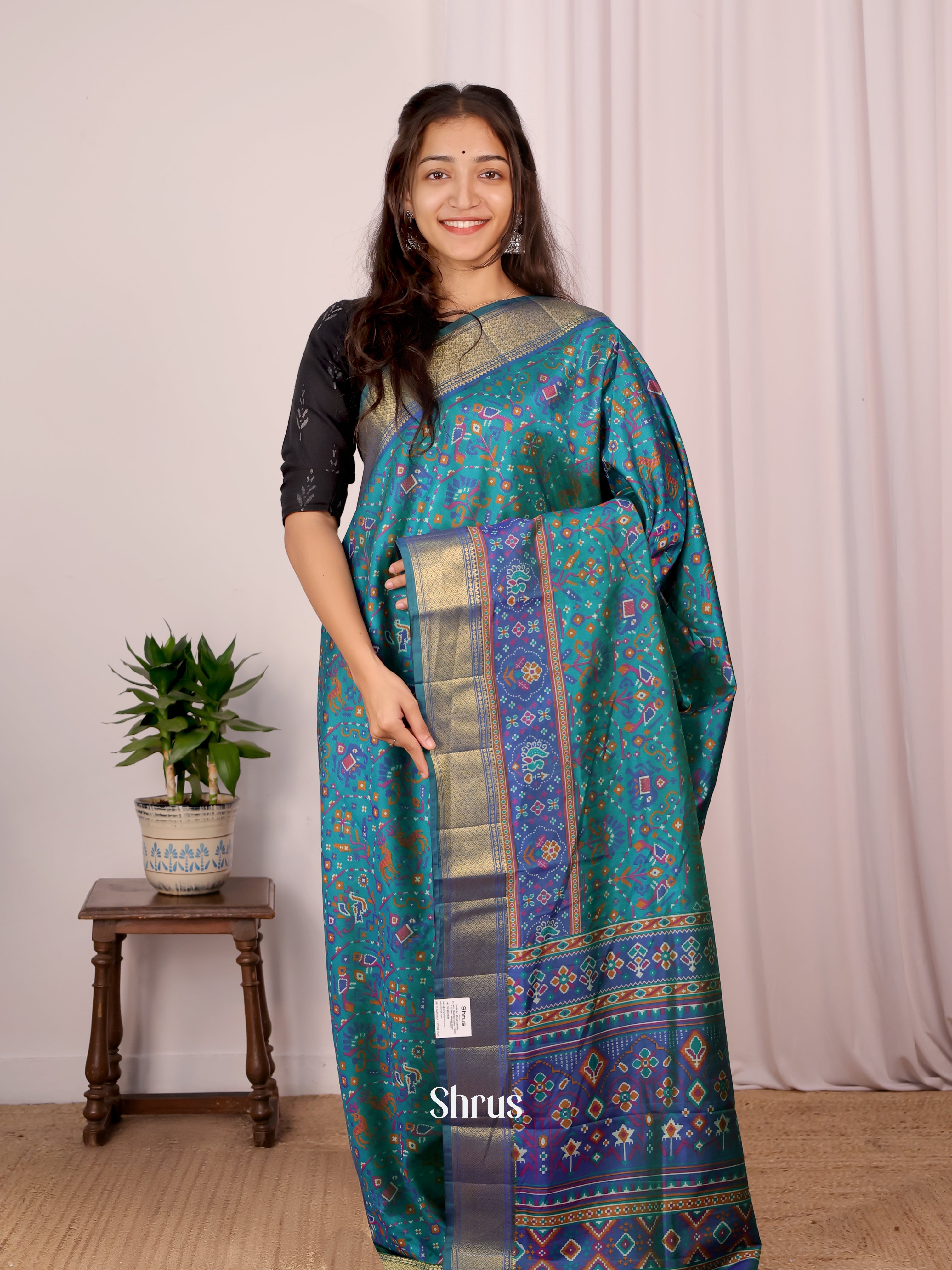Teal & Blue - Semi Patola Saree - Shop on Shrus.com