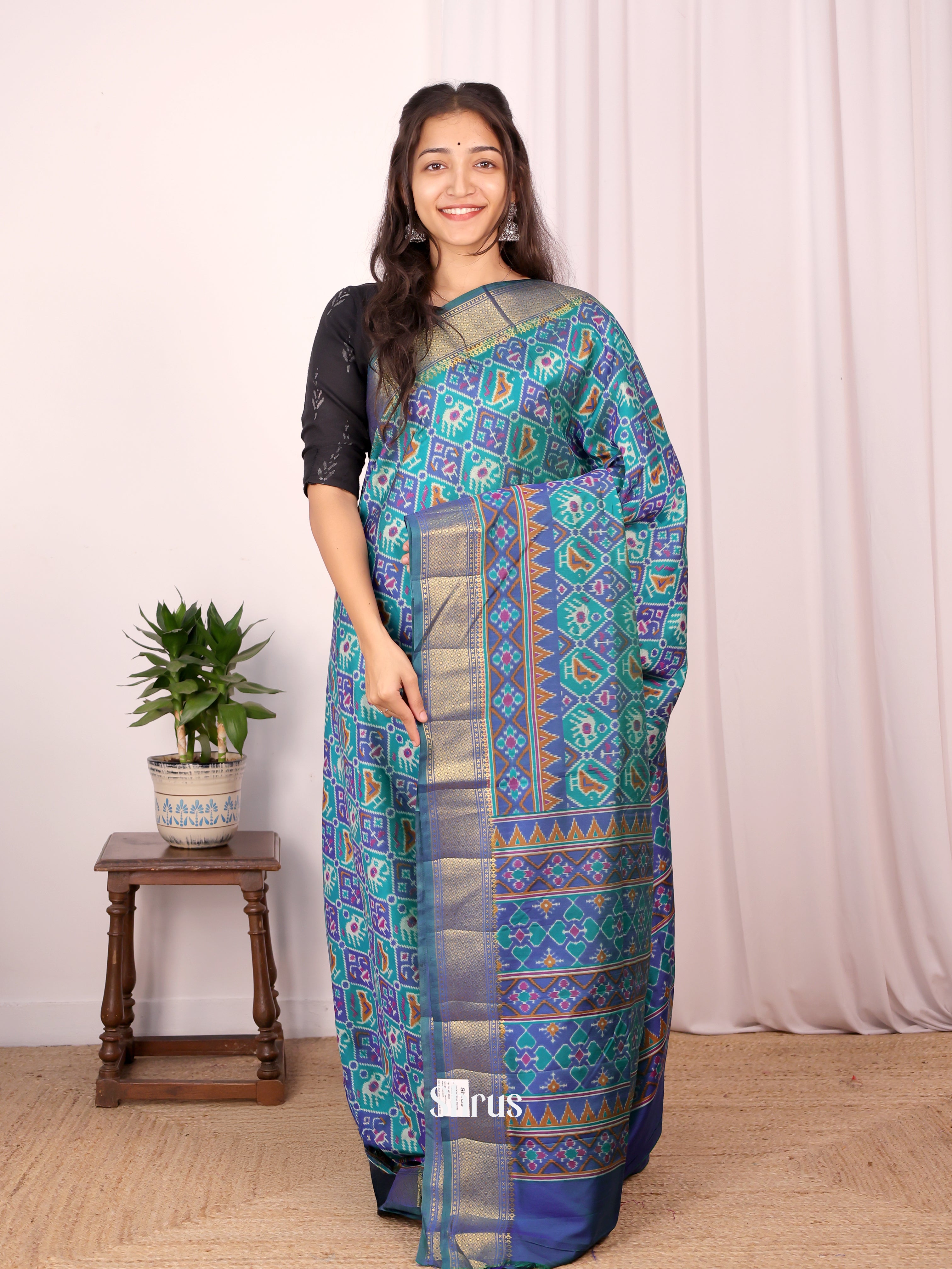 Teal & Blue - Semi Patola Saree - Shop on Shrus.com