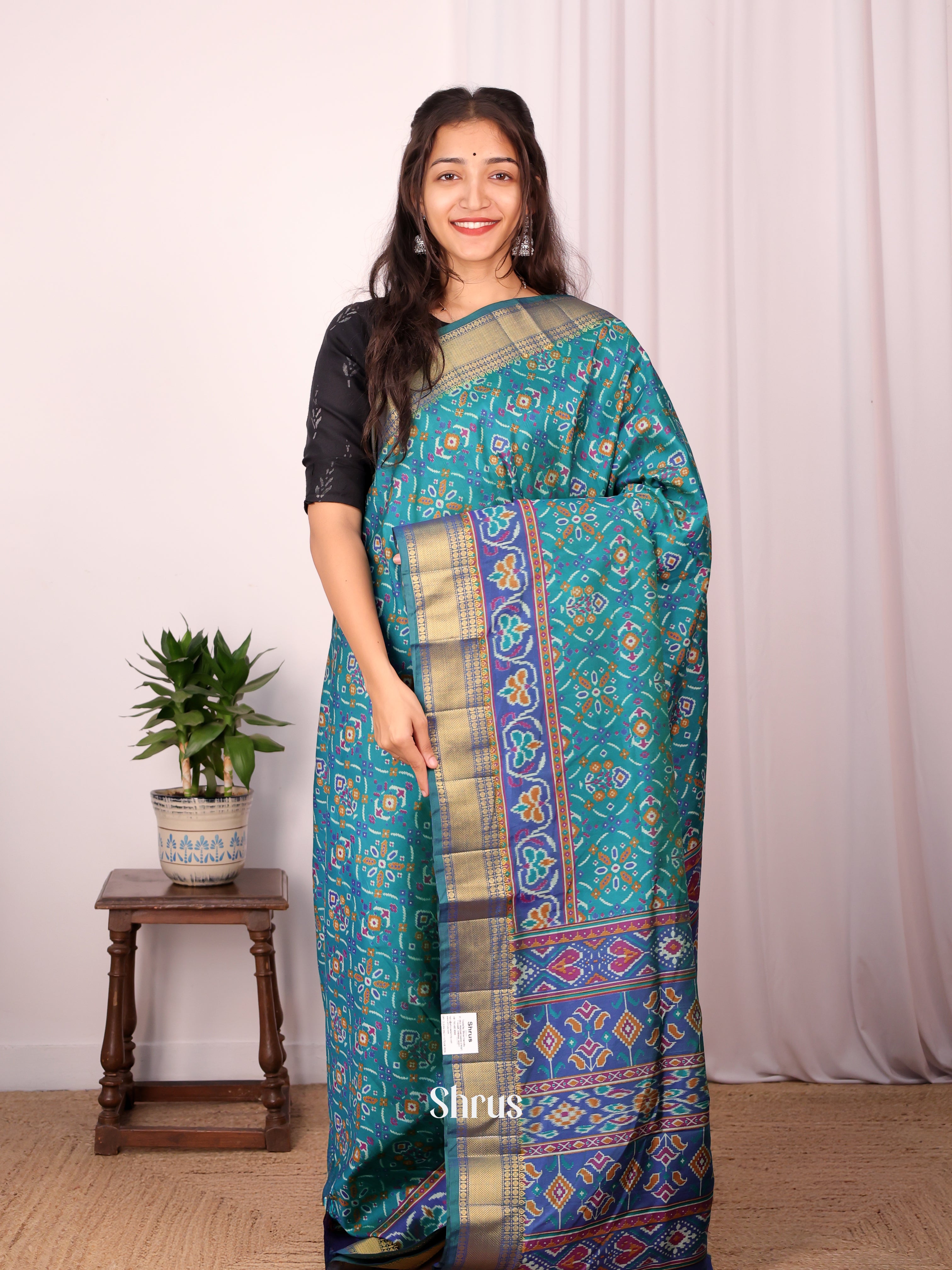 Green & Blue - Semi Patola Saree - Shop on Shrus.com
