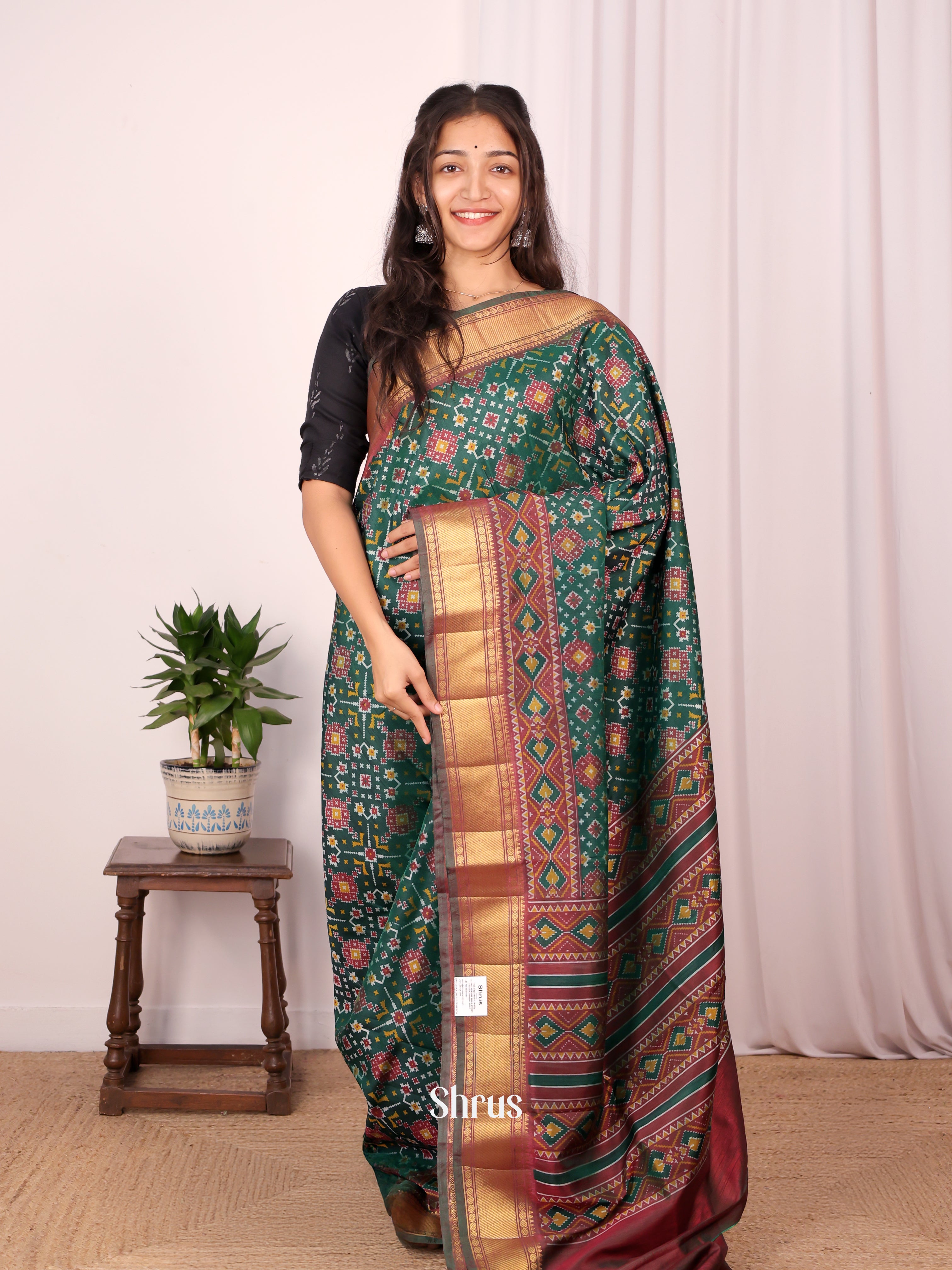 Green & Brown - Semi Patola Saree - Shop on Shrus.com