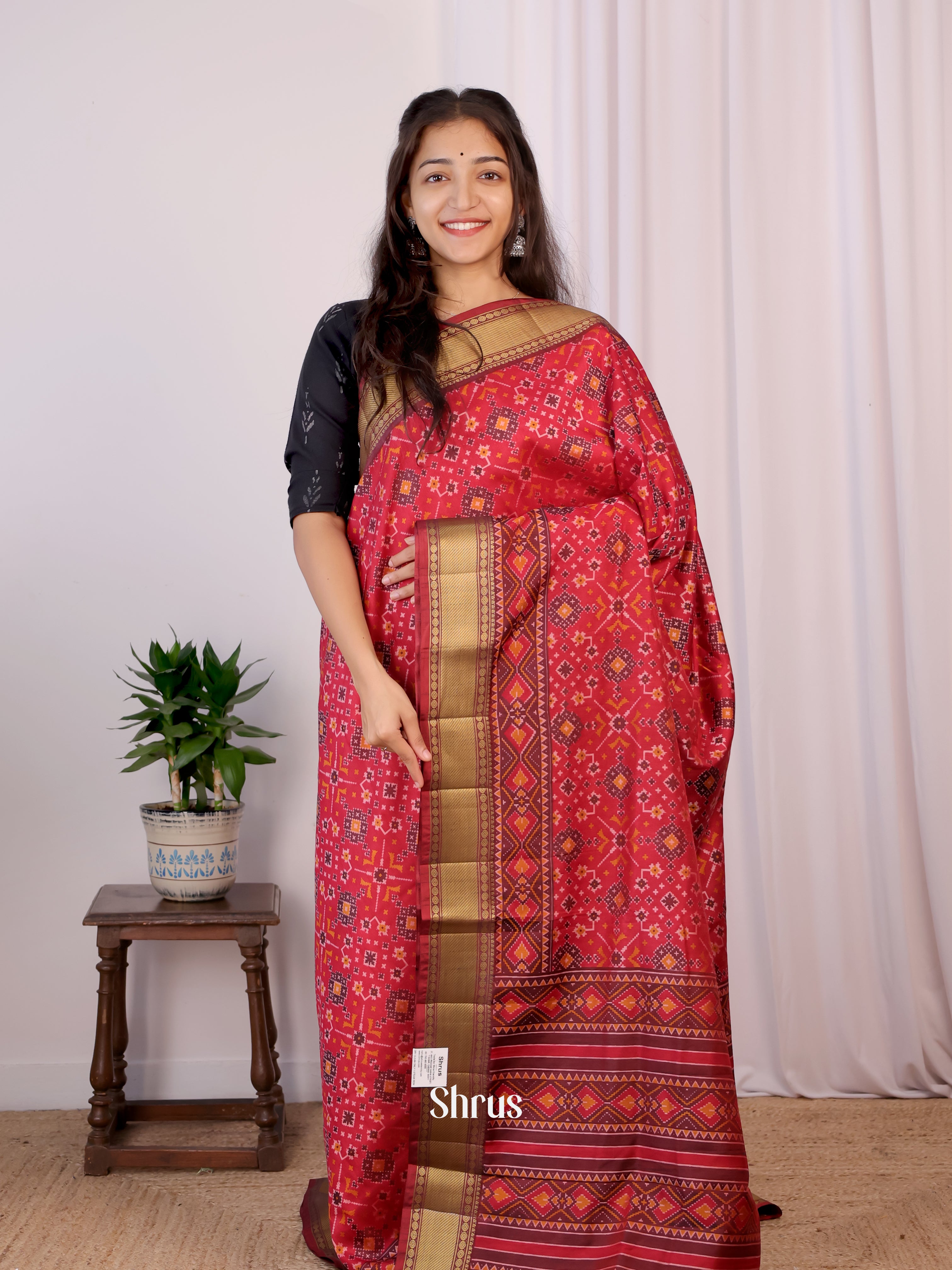 Red & Brown - Semi Patola Saree - Shop on Shrus.com
