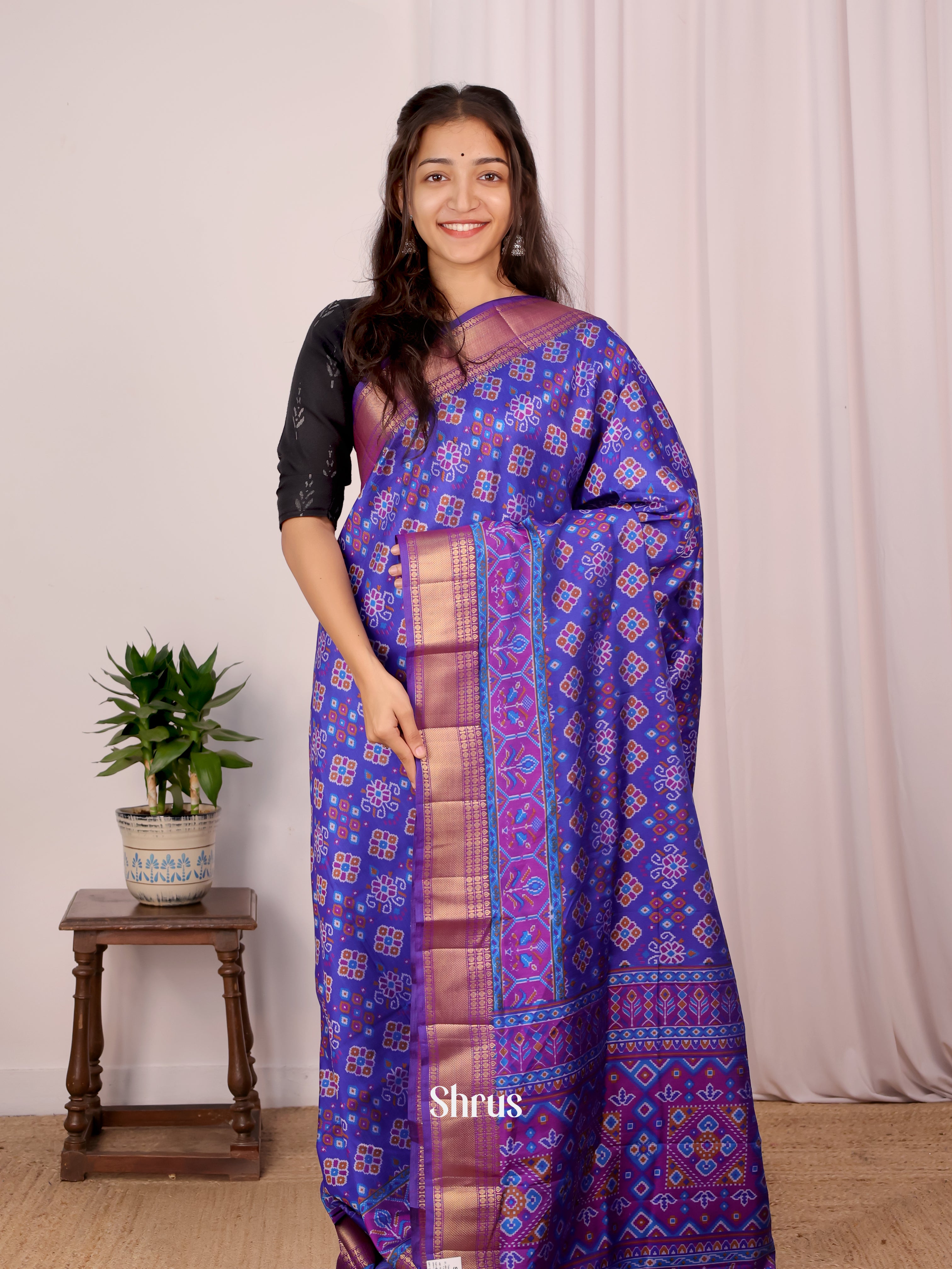Blue & Purple- Semi Patola Saree - Shop on Shrus.com