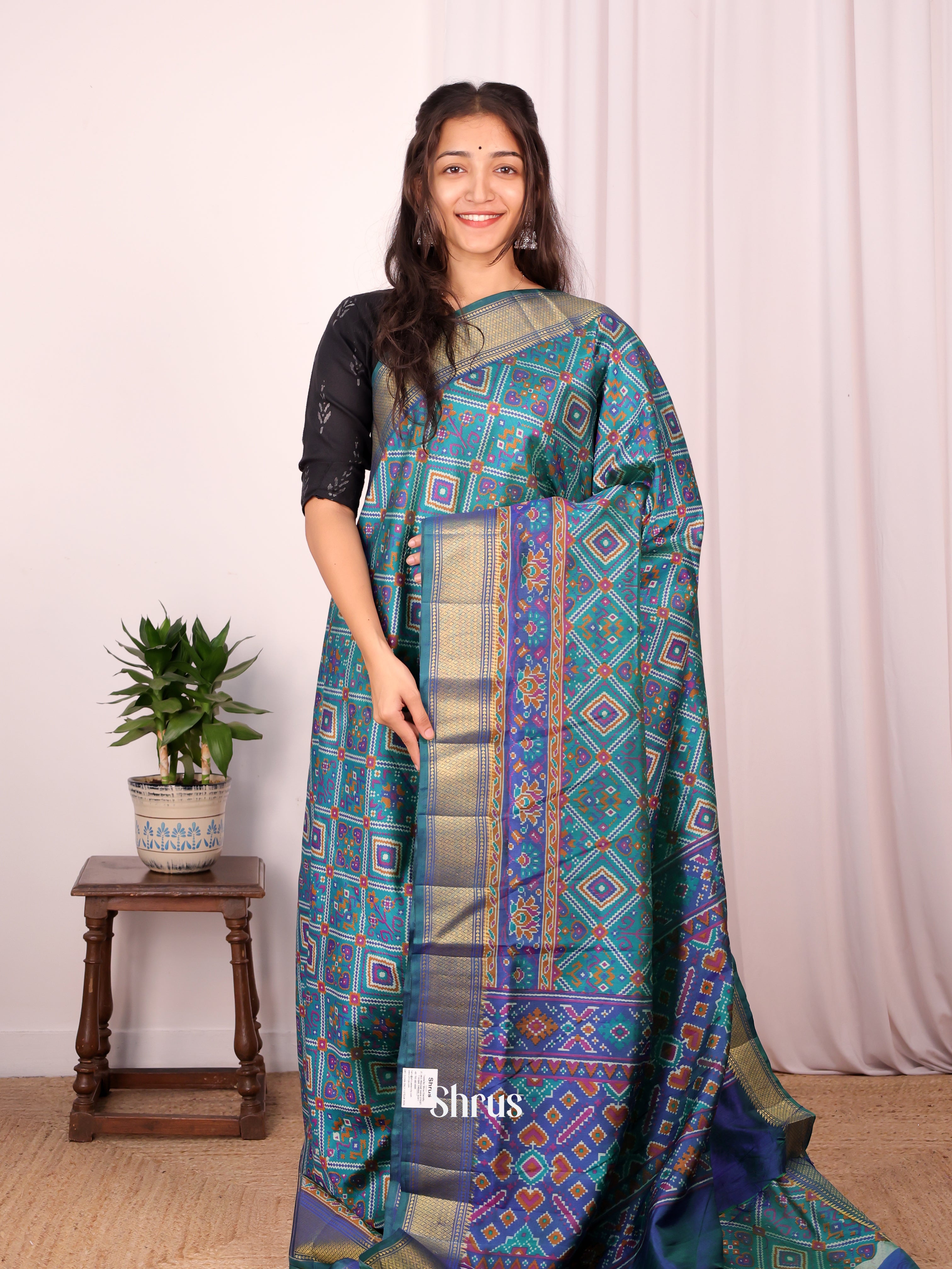Green & Blue - Semi Patola Saree - Shop on Shrus.com