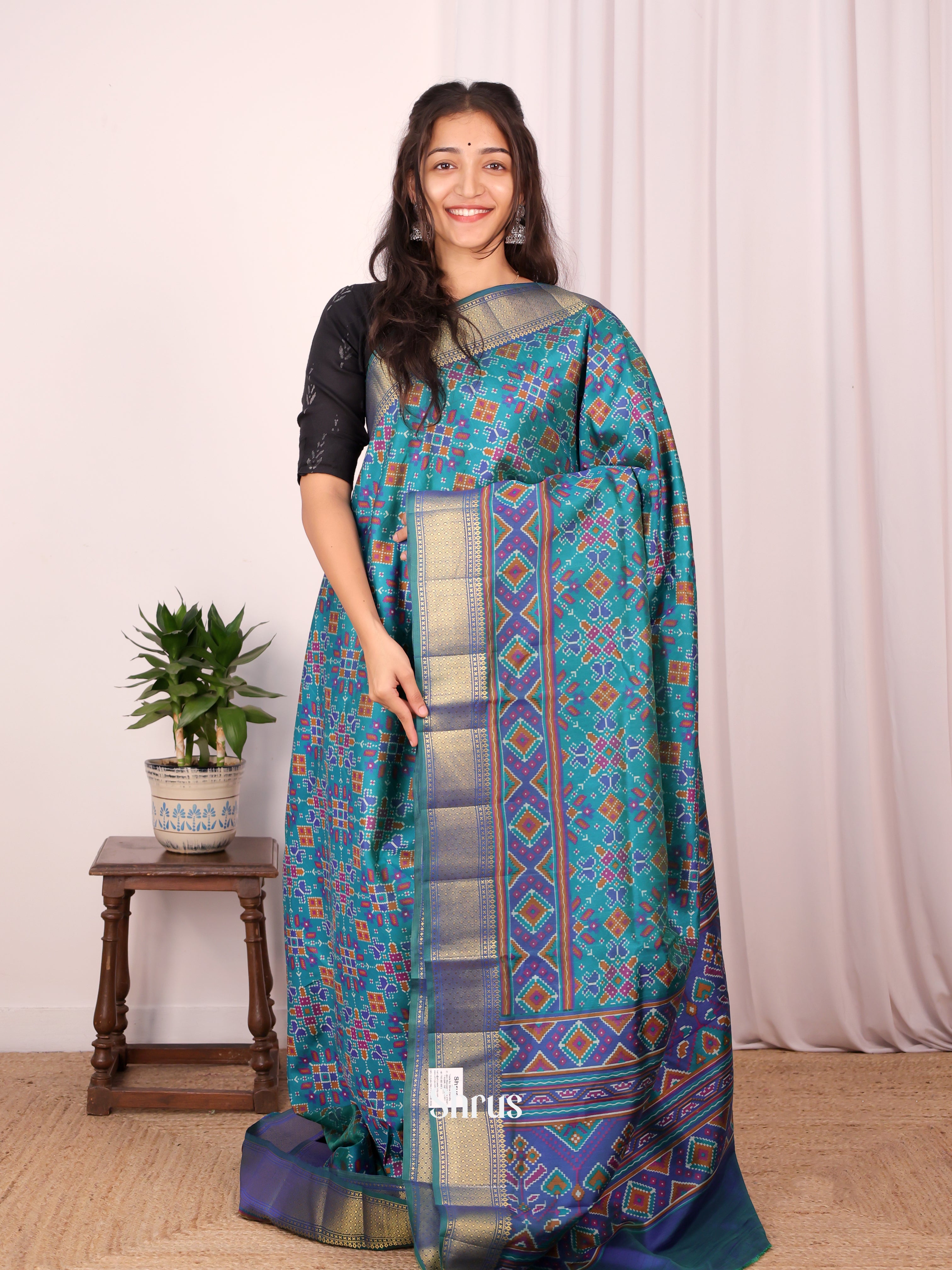 Teal & Blue- Semi Patola Saree - Shop on Shrus.com