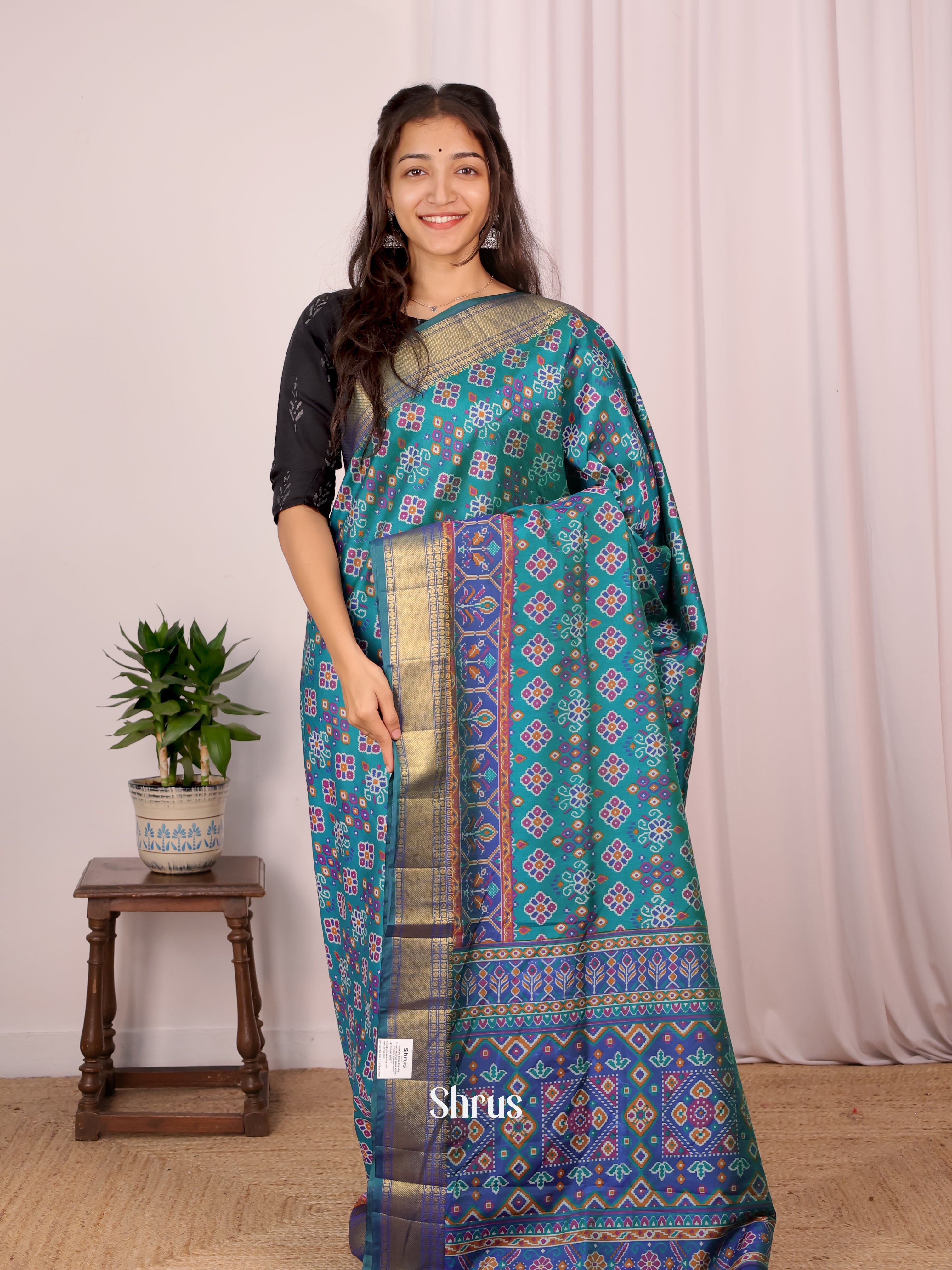 Green & Blue - Semi Patola Saree - Shop on Shrus.com