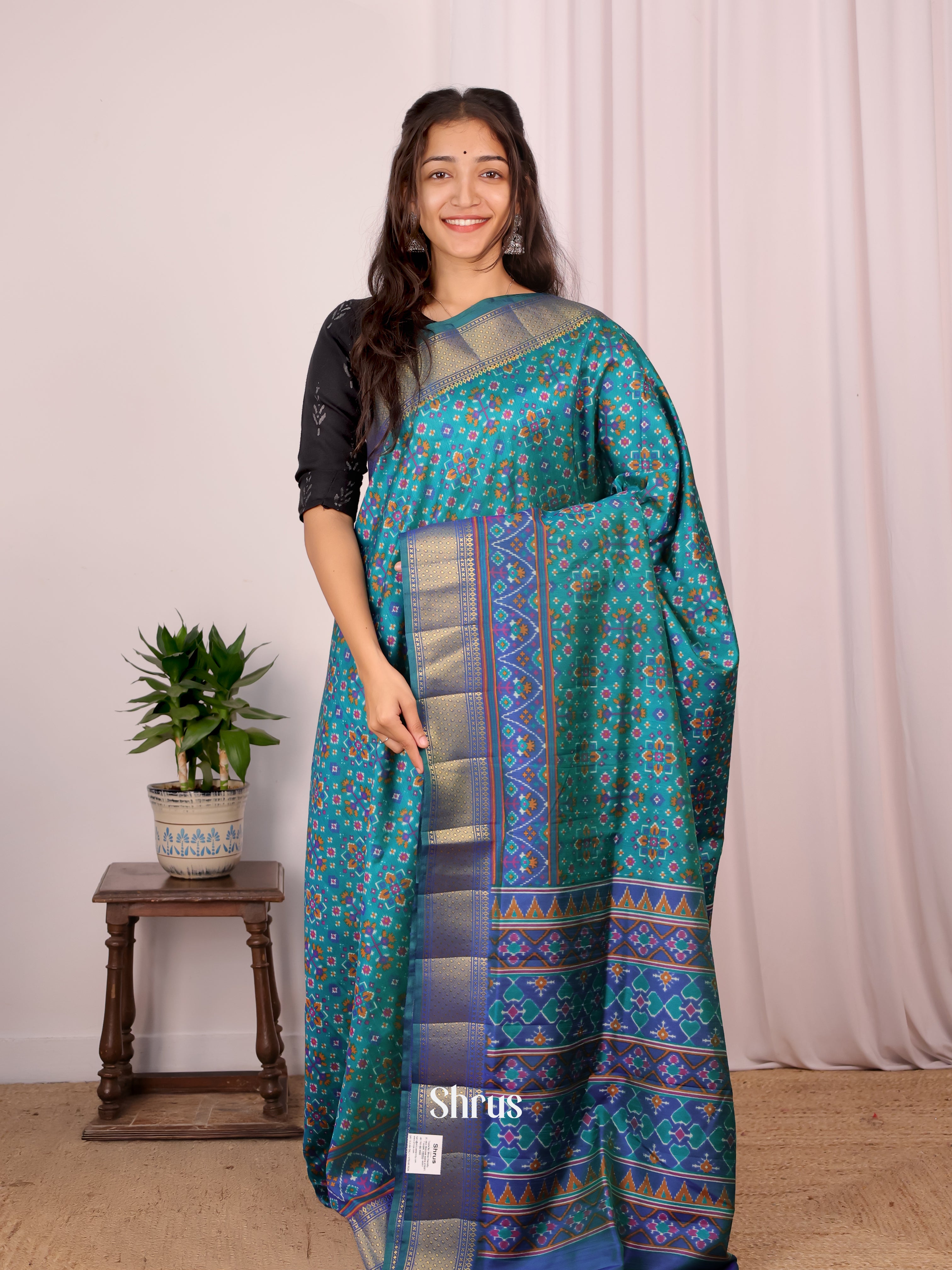 Teal & Blue - Semi Patola Saree - Shop on Shrus.com