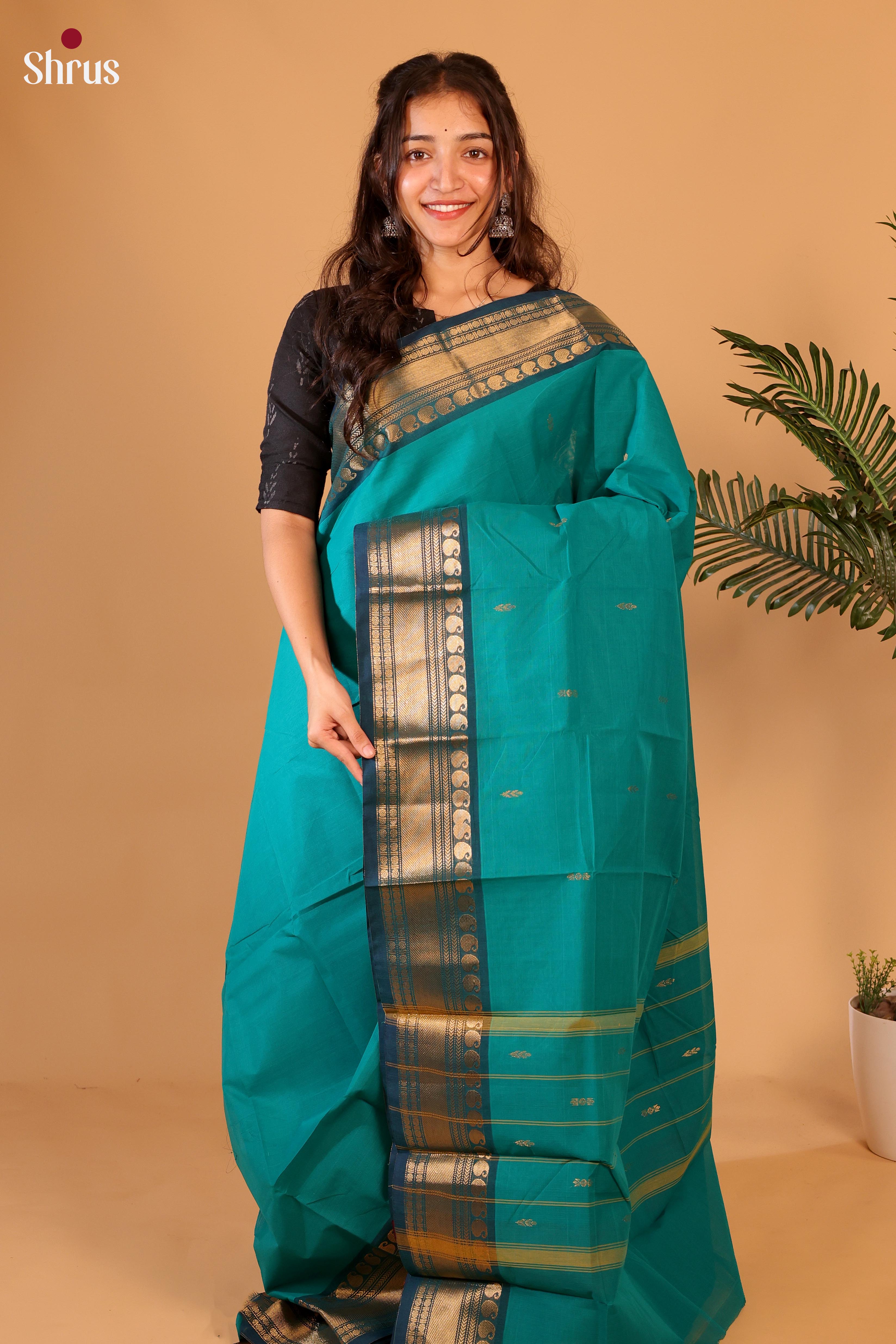Teal & Blue - Chettinad Cotton Saree - Shop on Shrus.com
