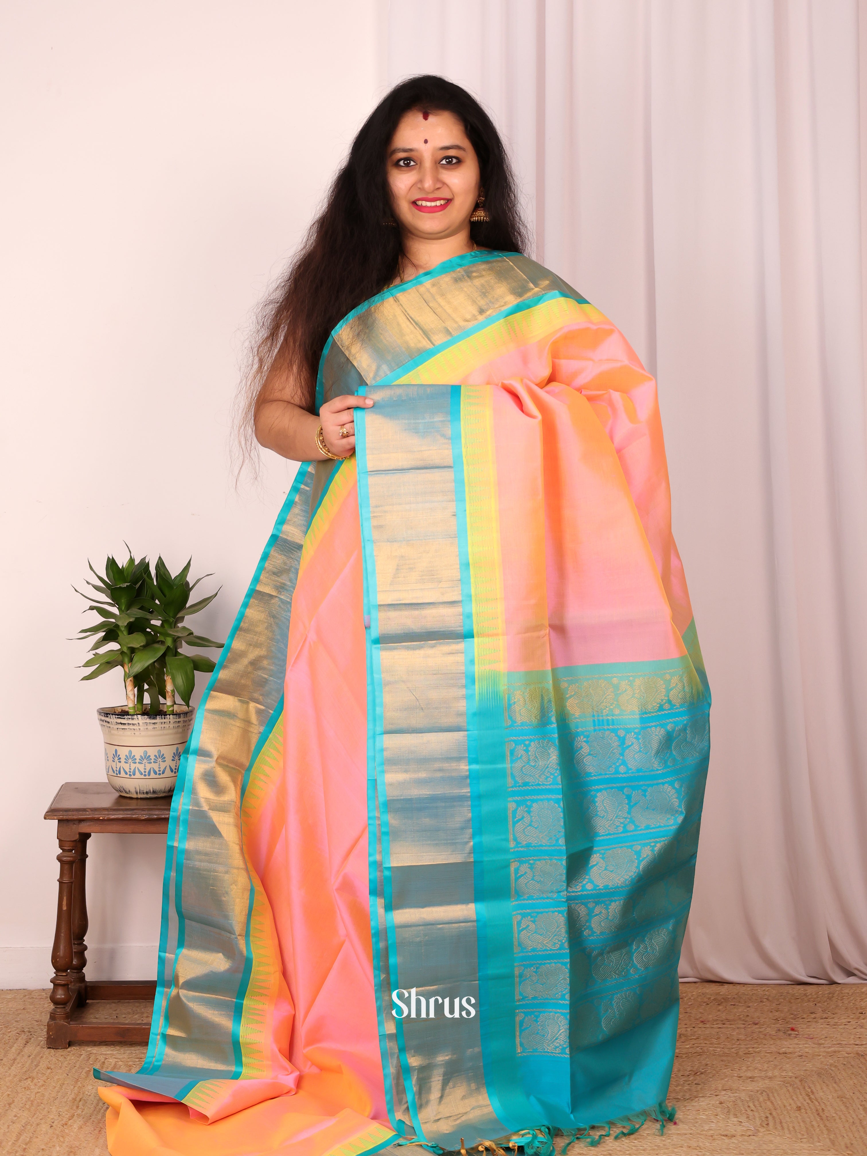 Peachish Pink & Blue - Silk Cotton Saree - Shop on Shrus.com