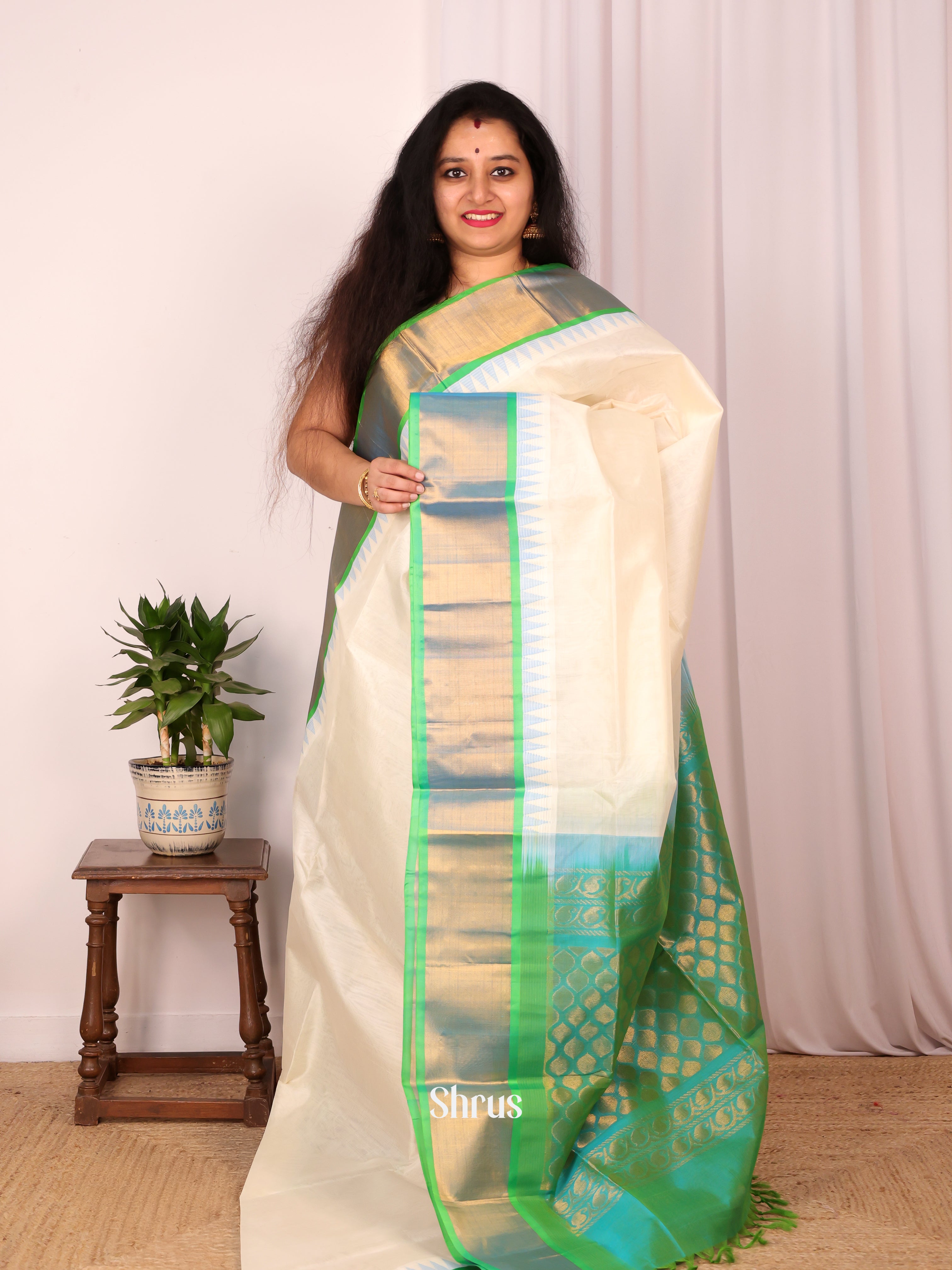 Cream & Green - Silk Cotton Saree - Shop on Shrus.com