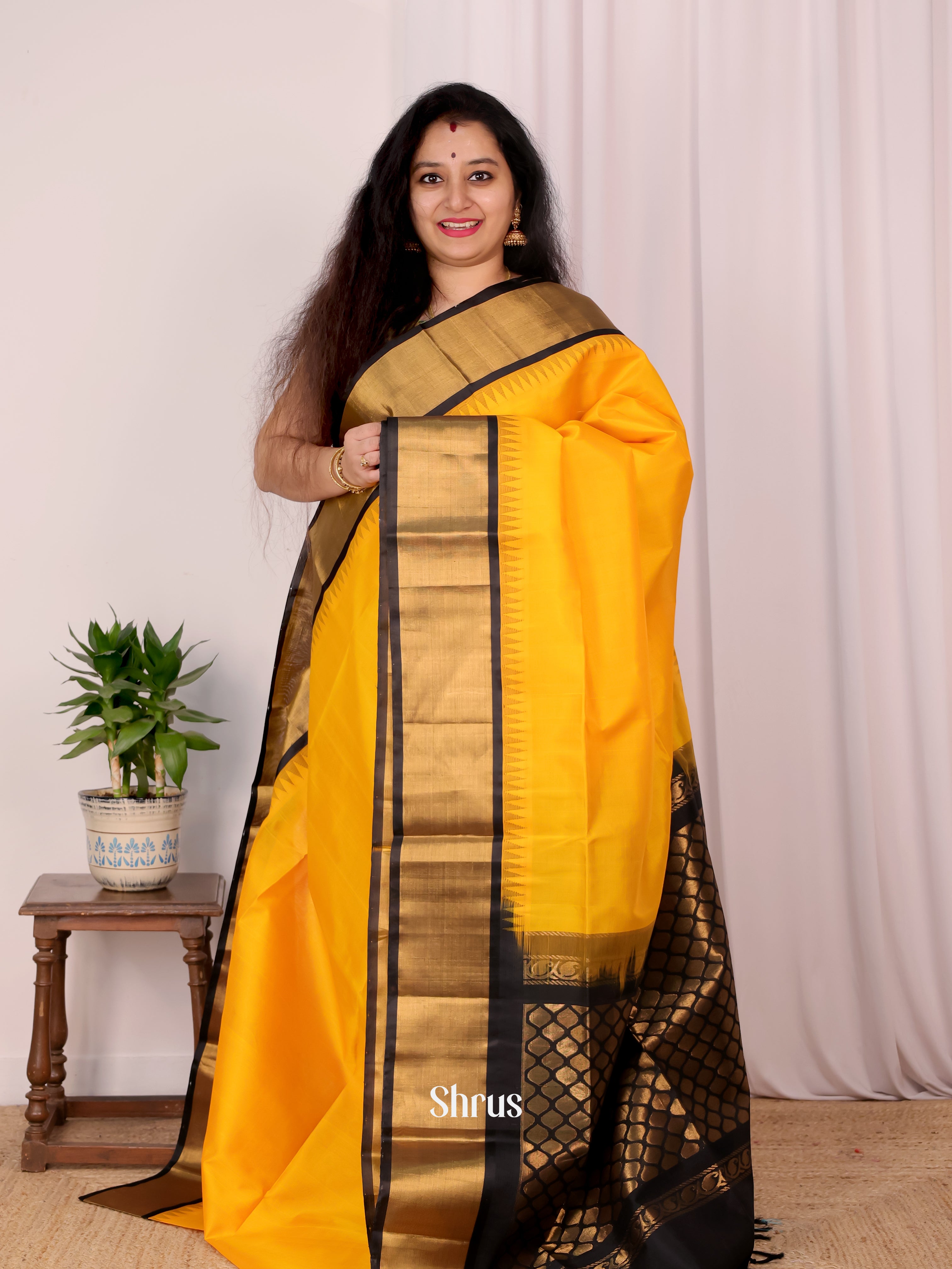 Yellow & Black - Silk Cotton Saree - Shop on Shrus.com