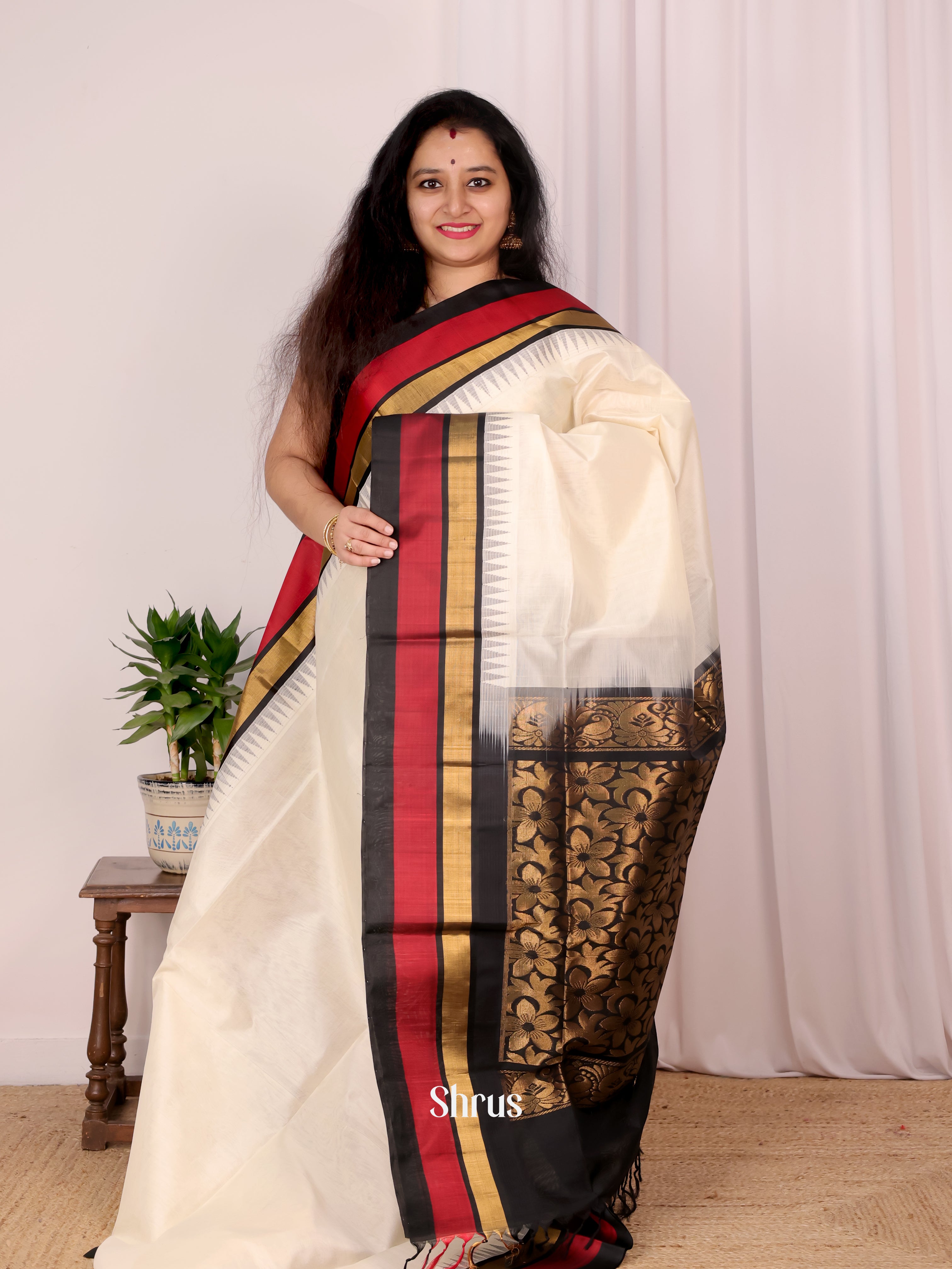 Cream & Black - Silk Cotton Saree - Shop on Shrus.com