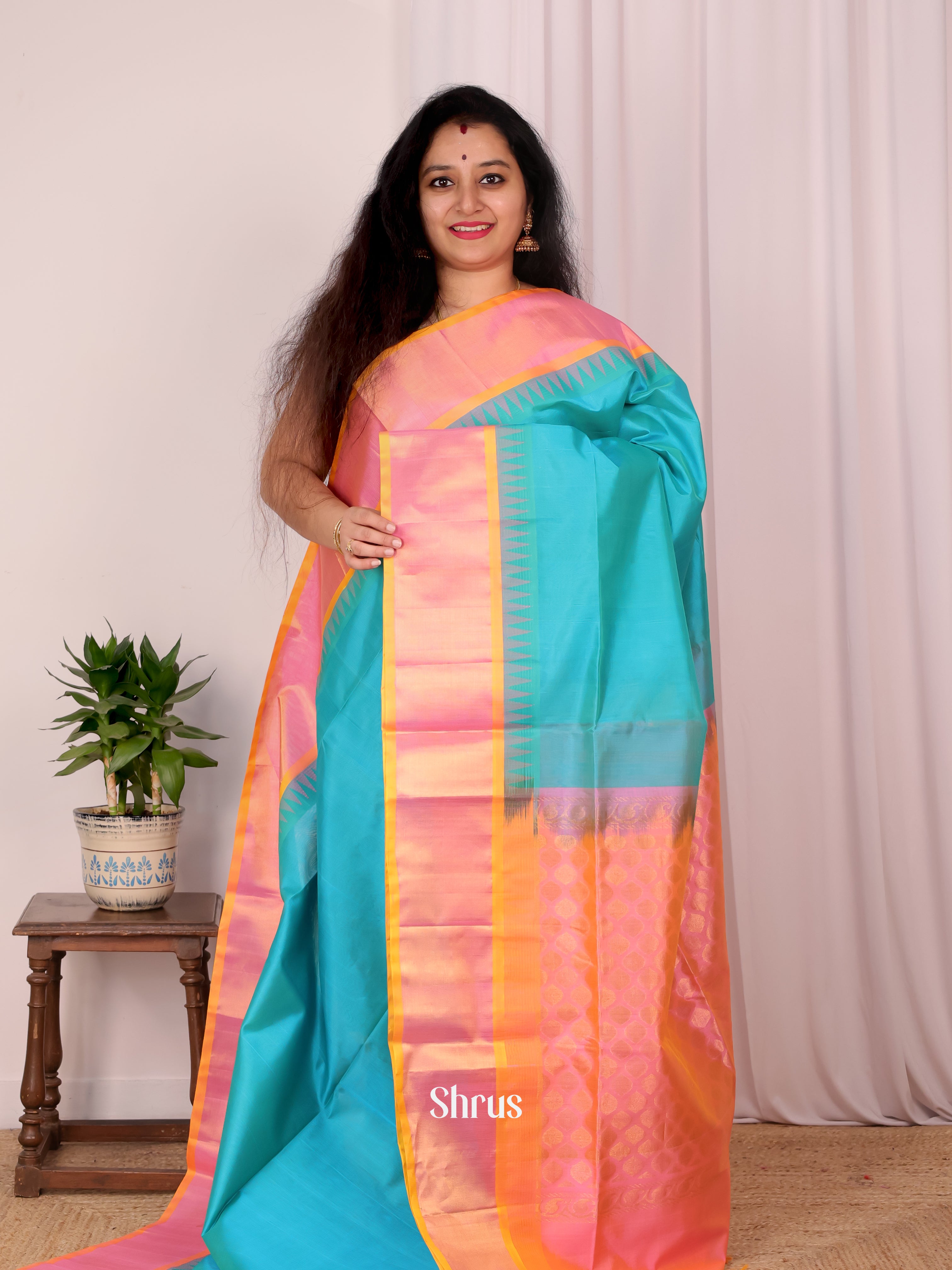 Blue & Pink - Silk Cotton Saree - Shop on Shrus.com
