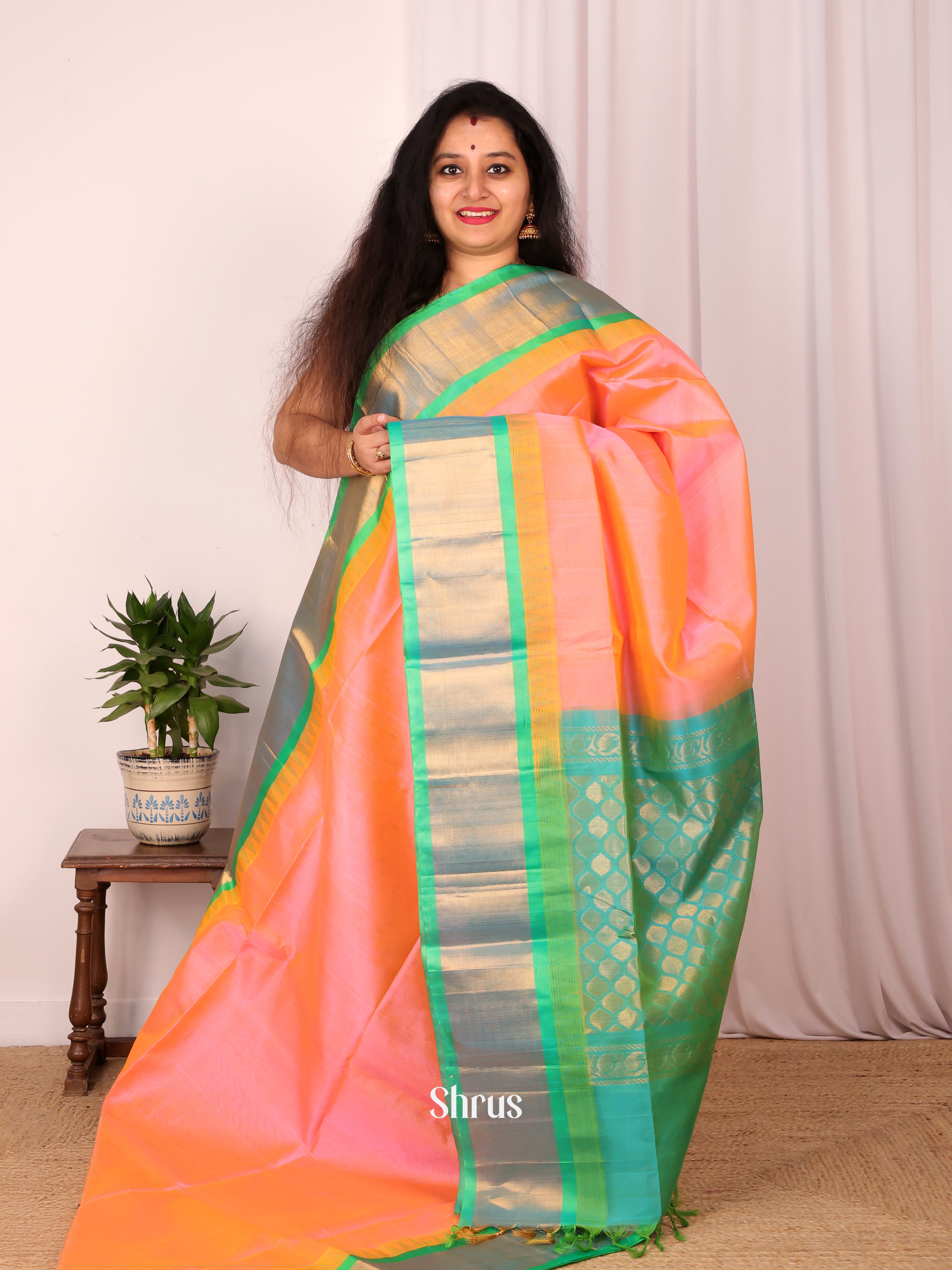 Peachish Pink & Green - Silk Cotton Saree - Shop on Shrus.com