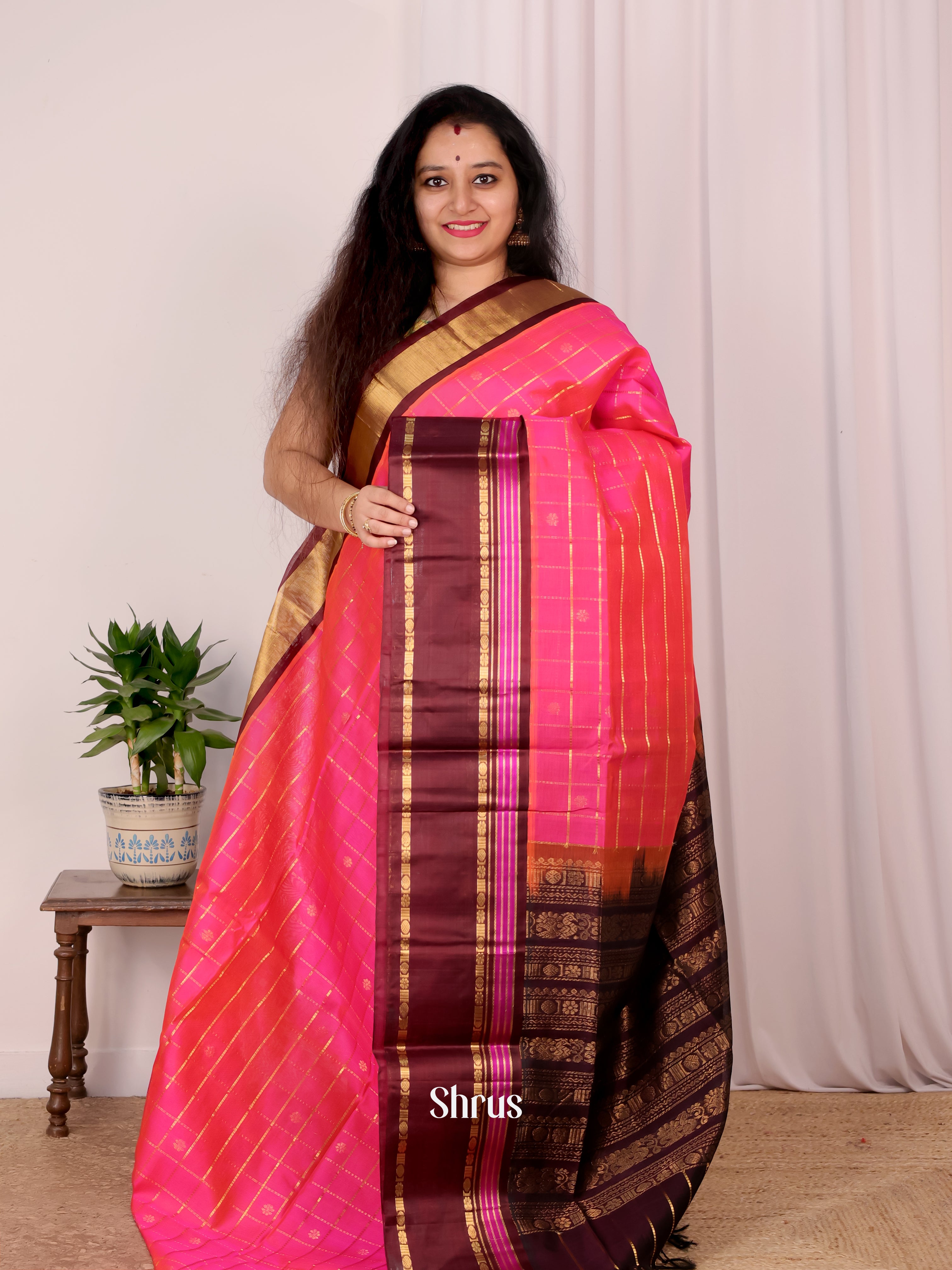 Pink & Brown - Silk Cotton Saree - Shop on Shrus.com