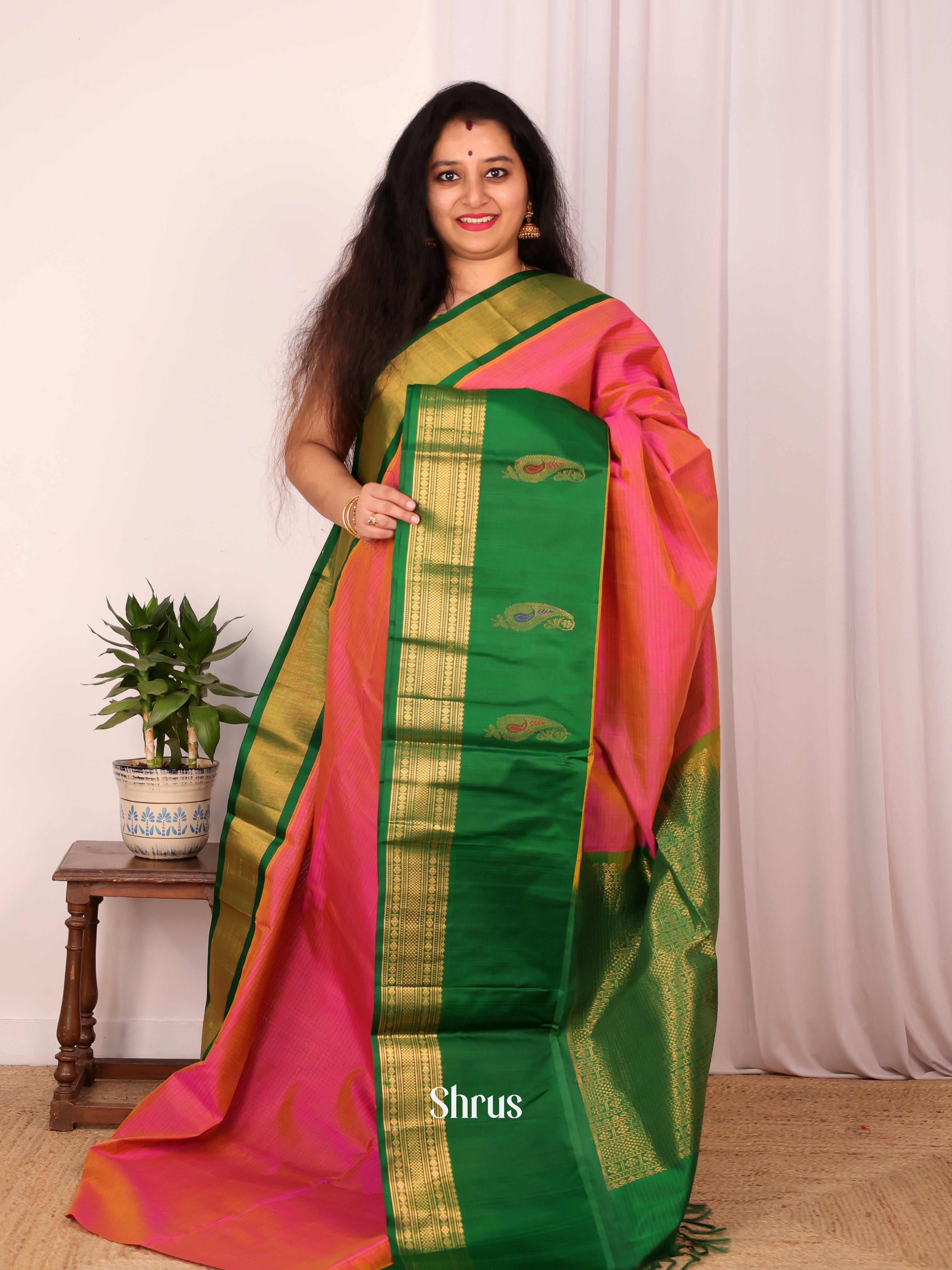Pink & Green- Silk Cotton Saree - Shop on Shrus.com