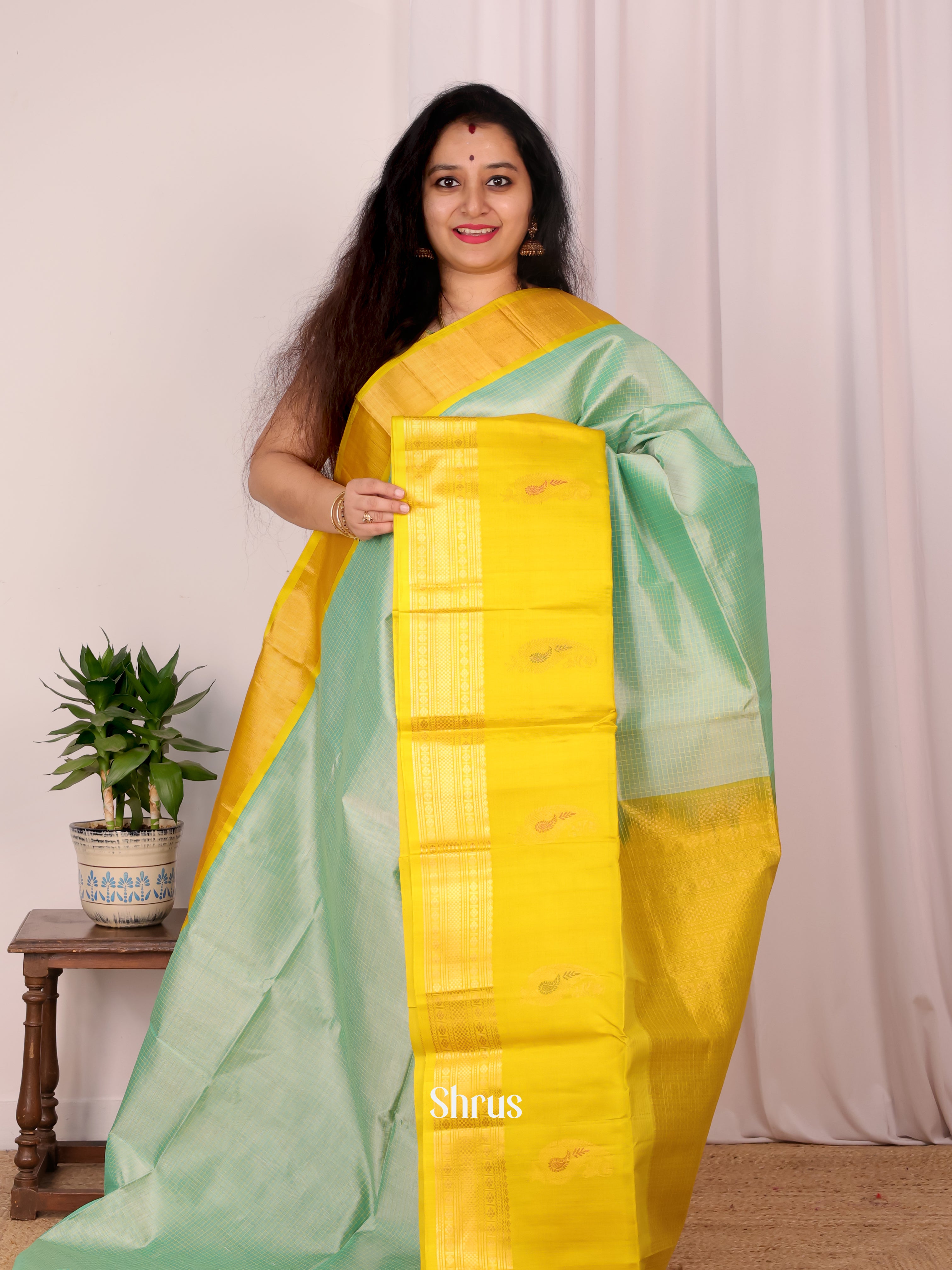 Pastel Green & Yellow - Silk Cotton Saree - Shop on Shrus.com