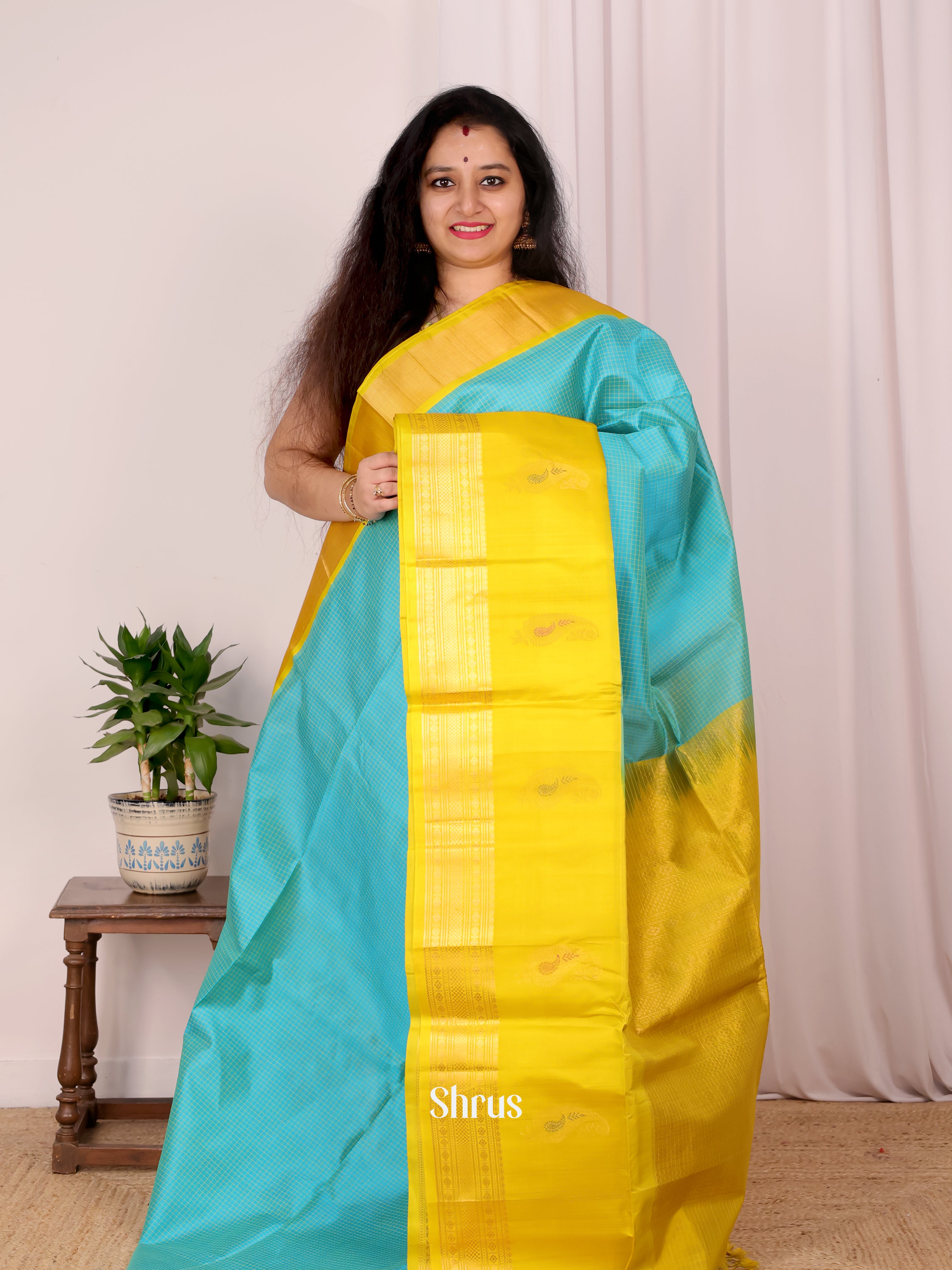 Teal & Yellow - Silk Cotton Saree - Shop on Shrus.com