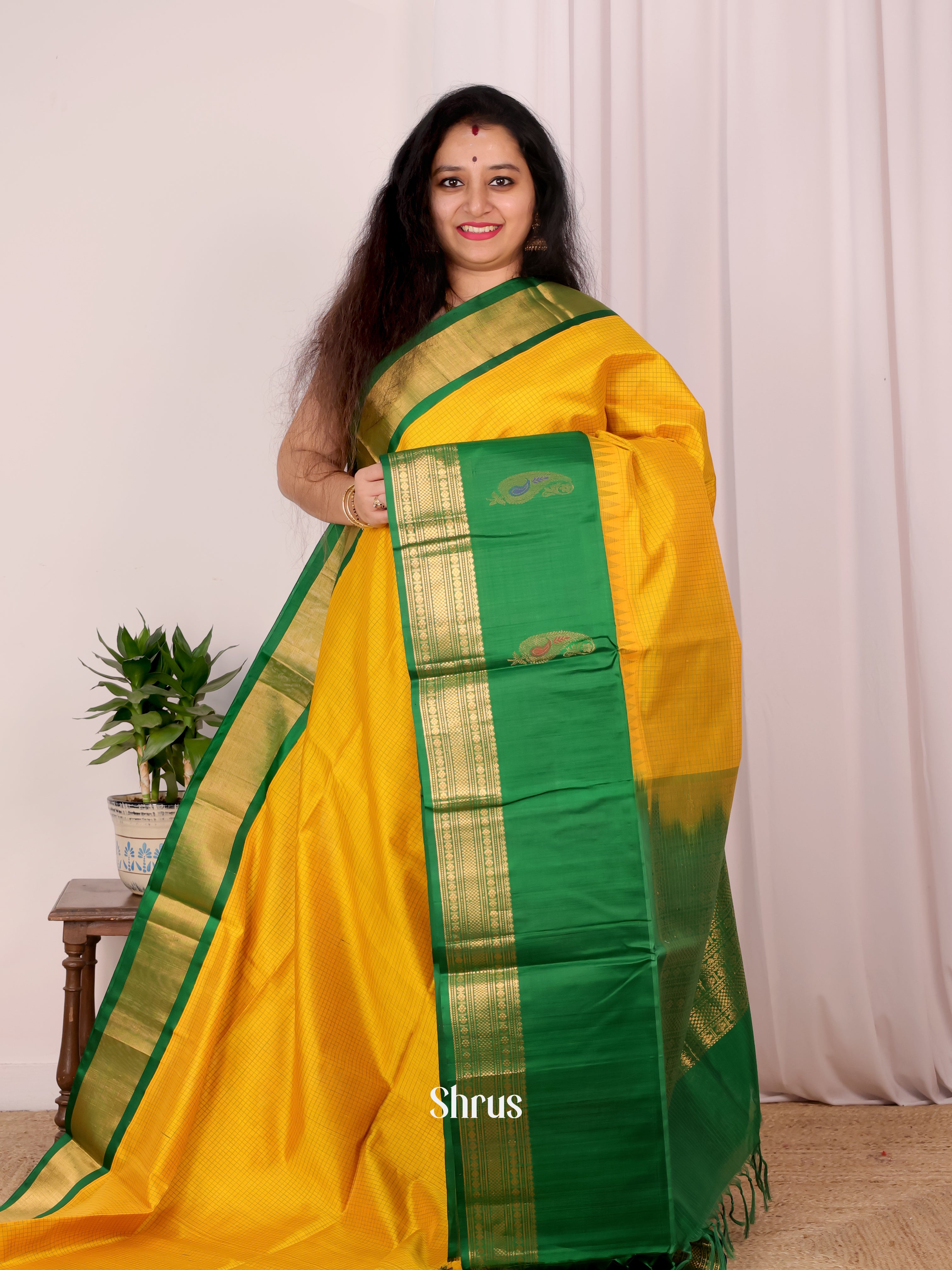 Yellow & Green - Silk Cotton Saree - Shop on Shrus.com