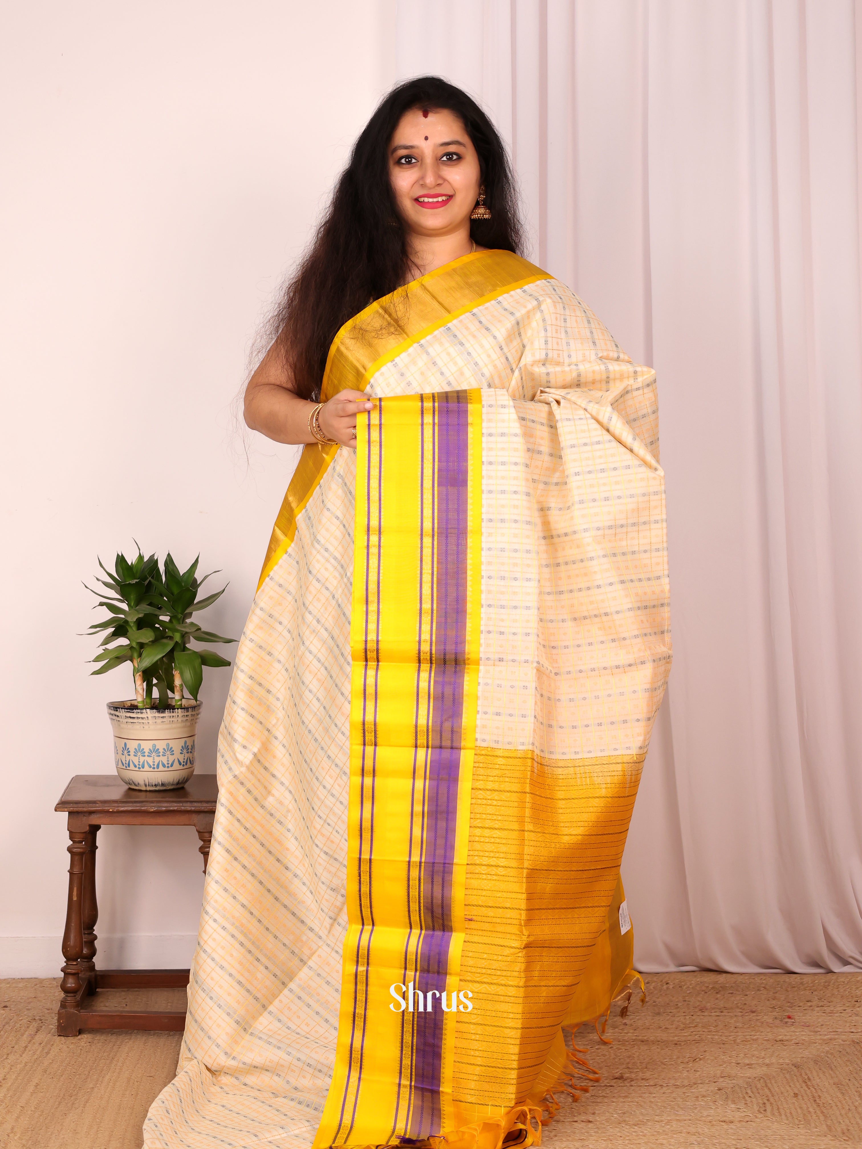 Cream & Yellow - Silk Cotton Saree - Shop on Shrus.com