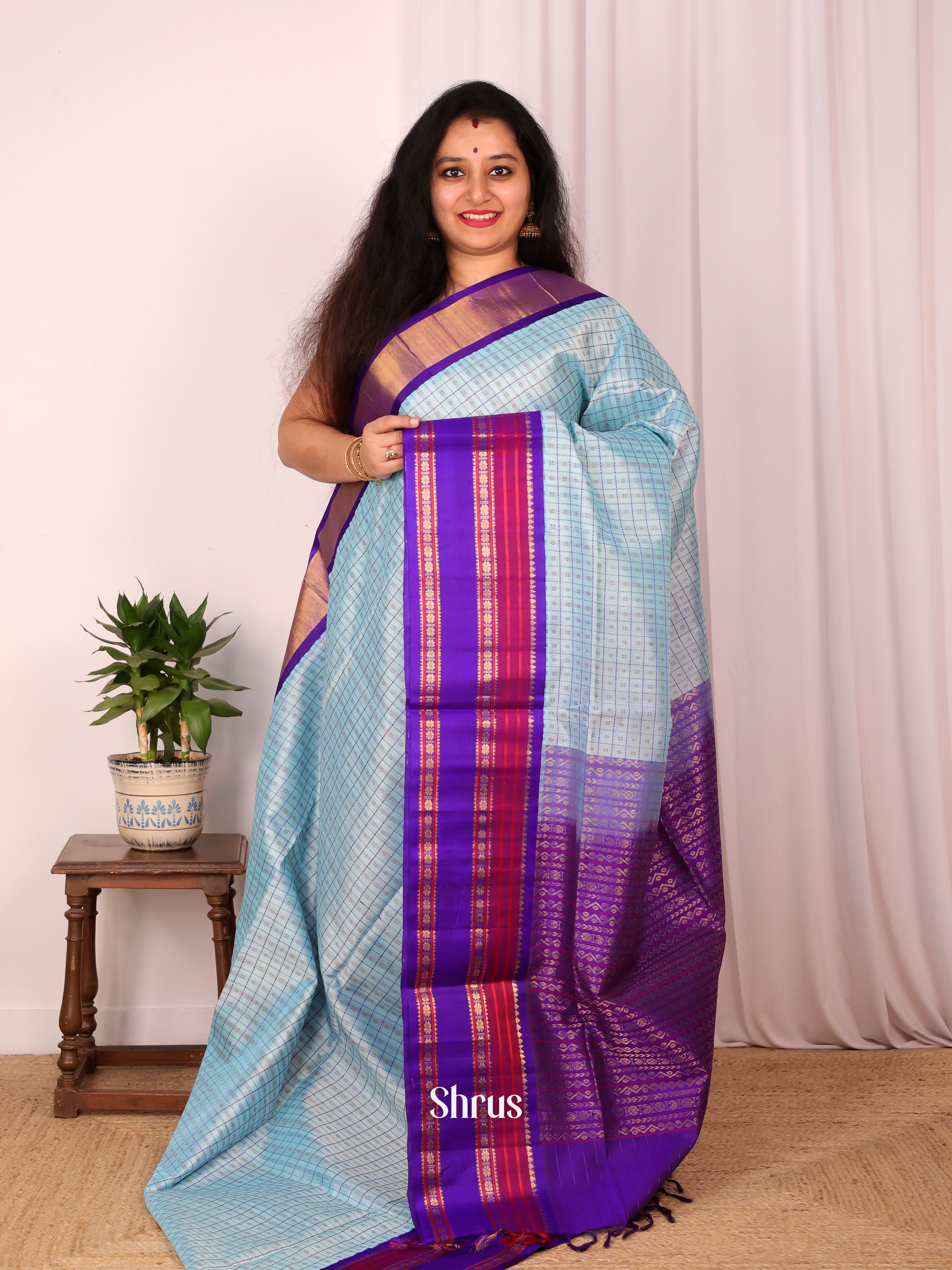Lite Blue & Violet - Silk Cotton Saree - Shop on Shrus.com
