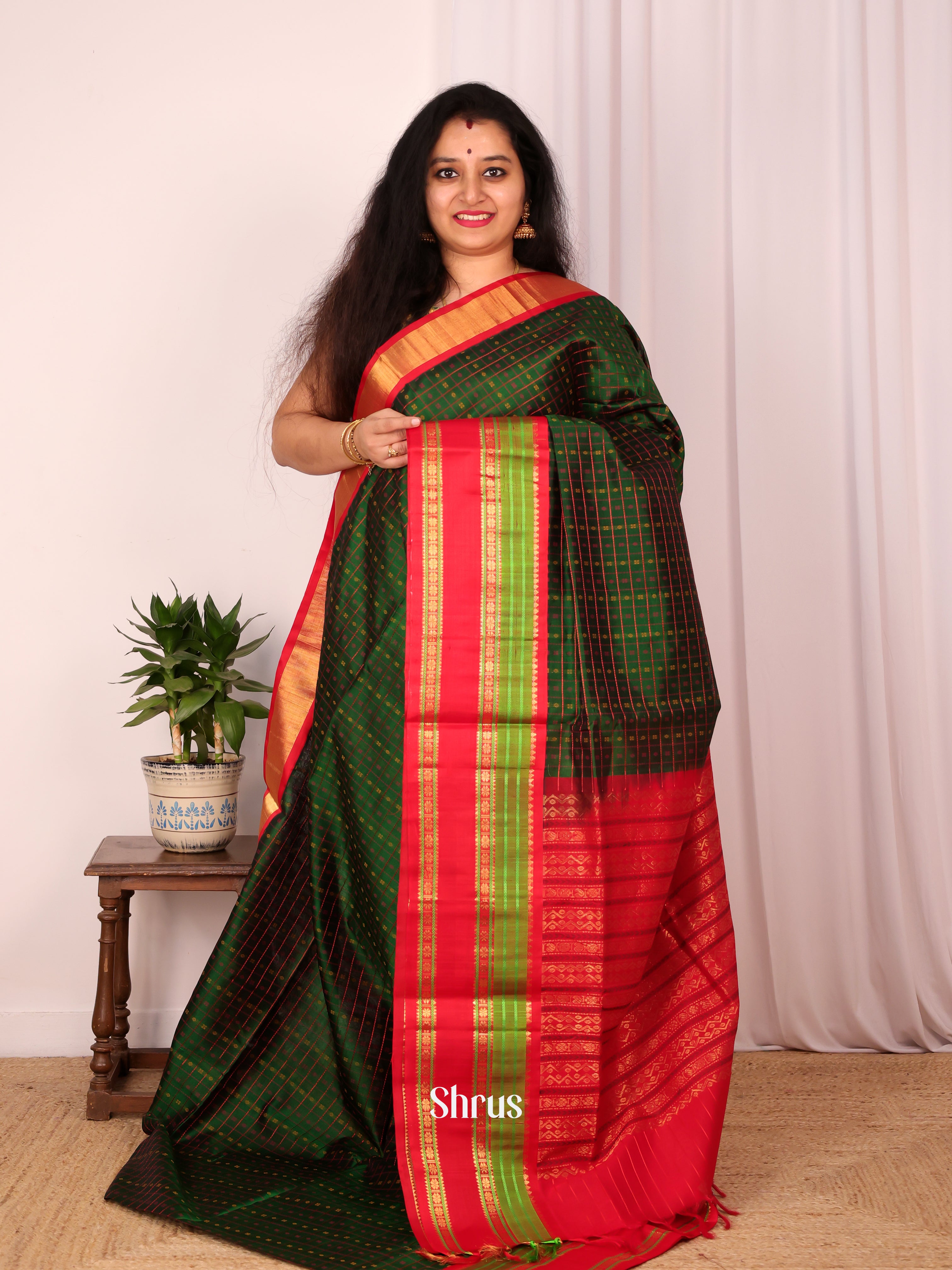 Green & Red - Silk Cotton Saree - Shop on Shrus.com