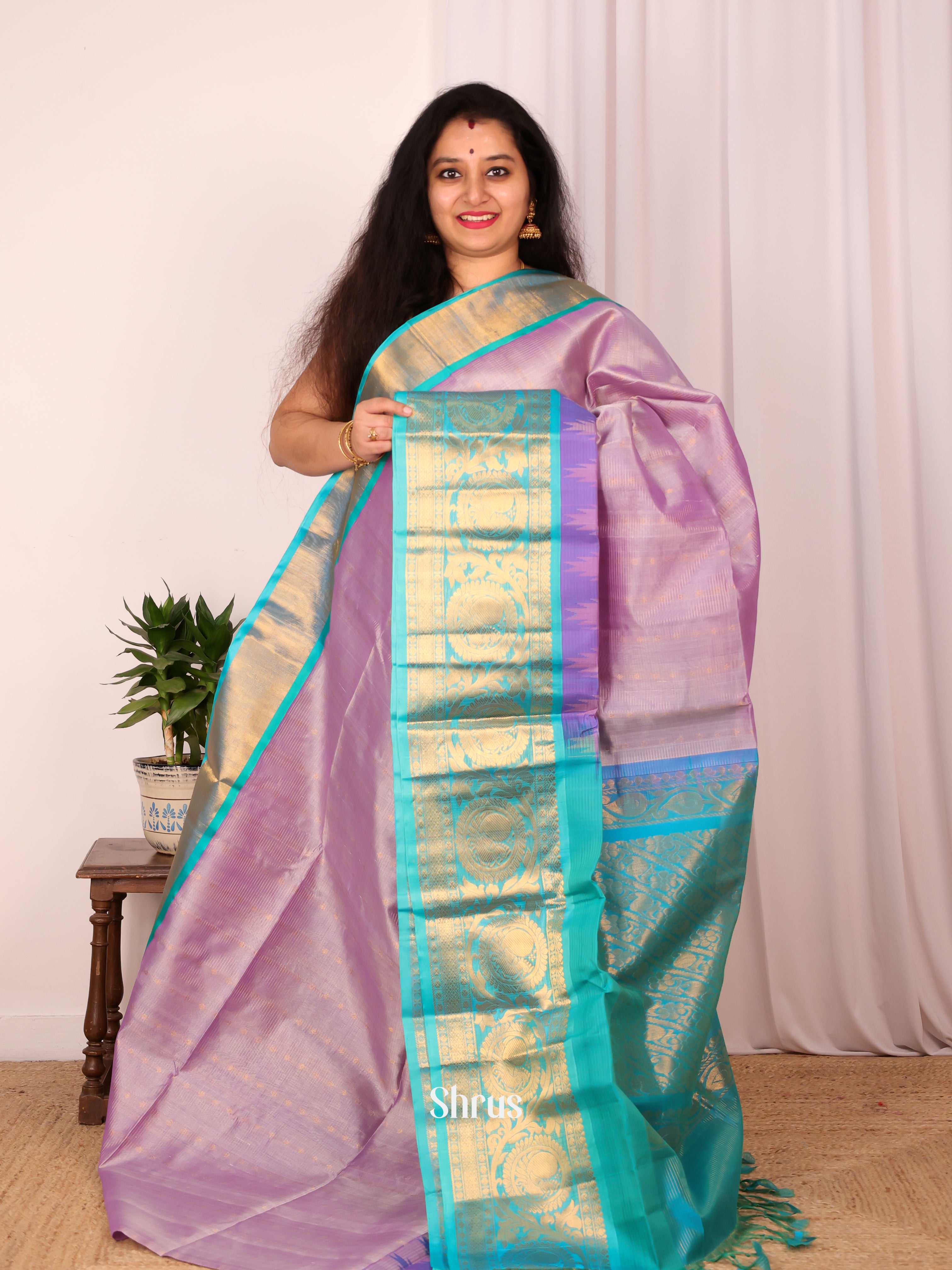 Purple & Teal - Silk Cotton Saree - Shop on Shrus.com