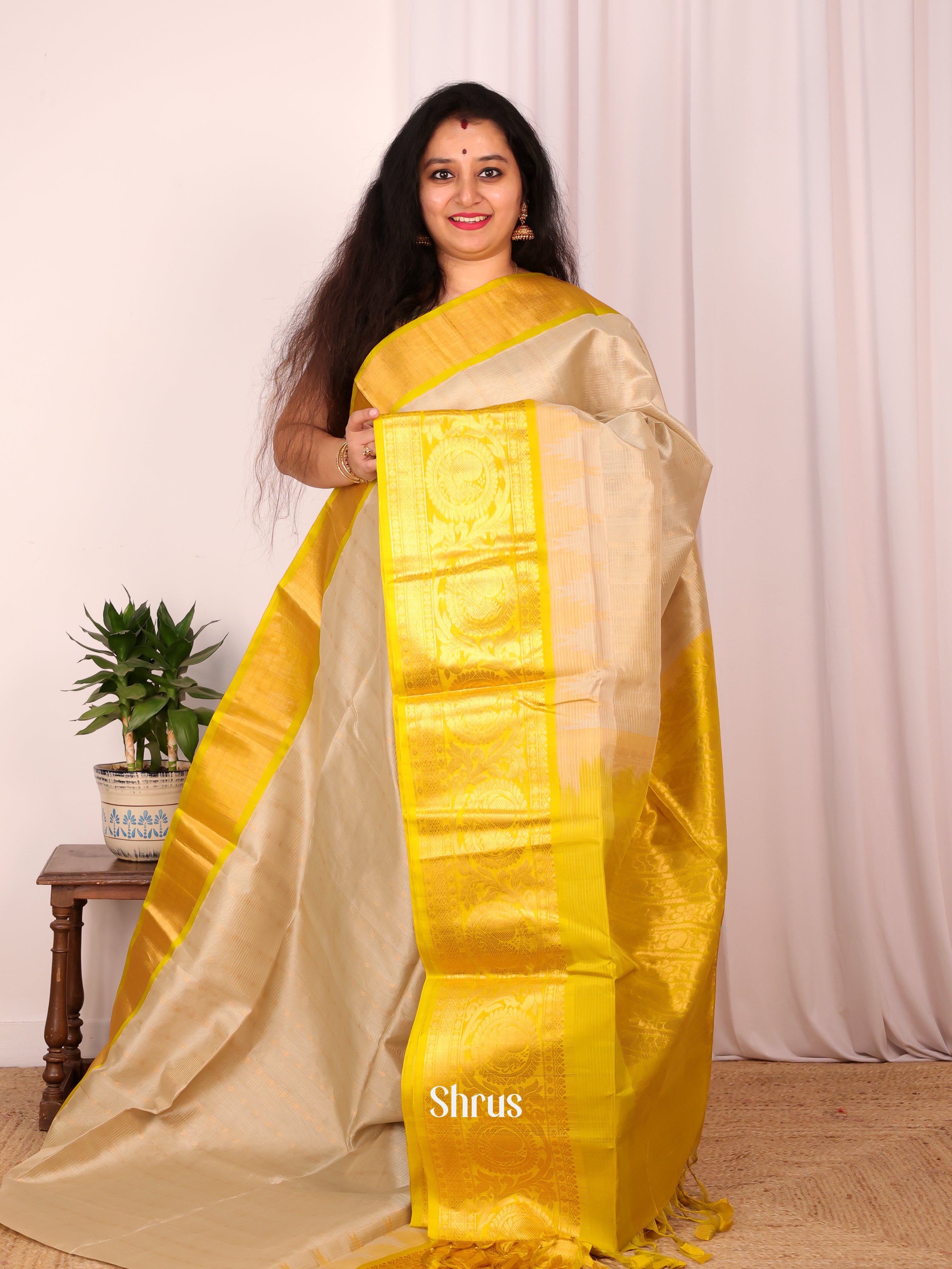 Beige & Yellow - Silk Cotton Saree - Shop on Shrus.com