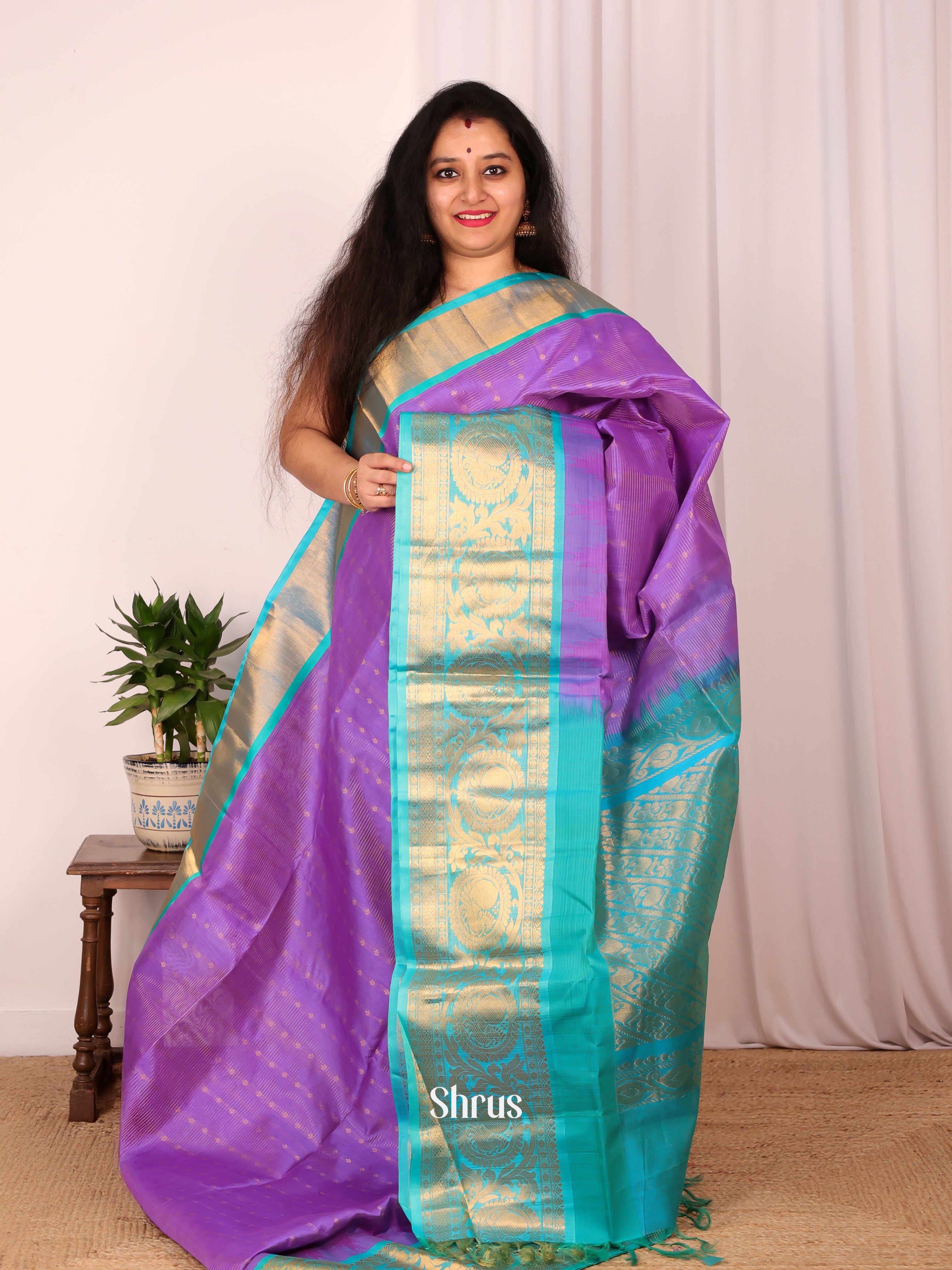 Purple & Teal - Silk Cotton Saree - Shop on Shrus.com