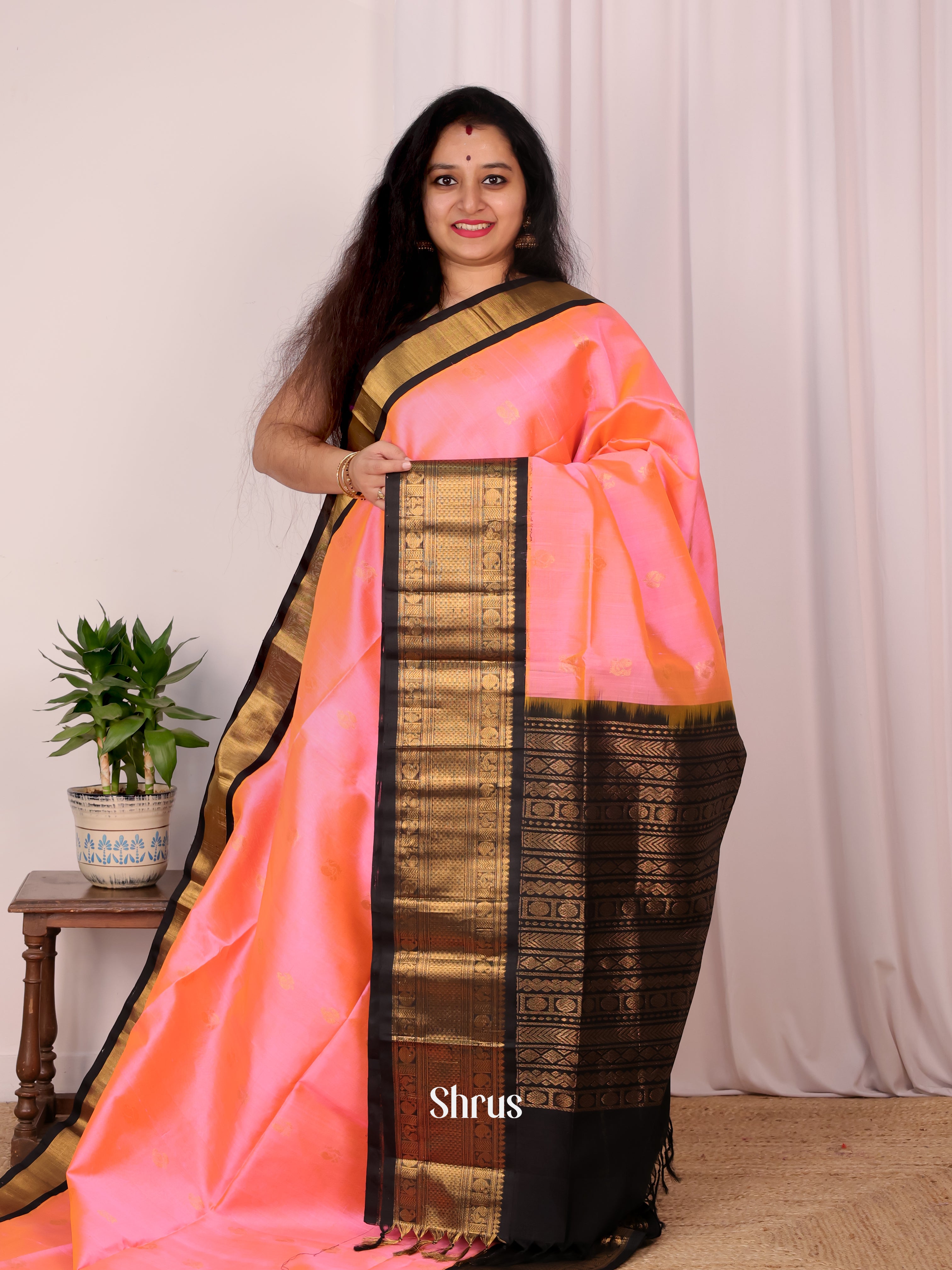 Pink & Black - Silk Cotton Saree - Shop on Shrus.com